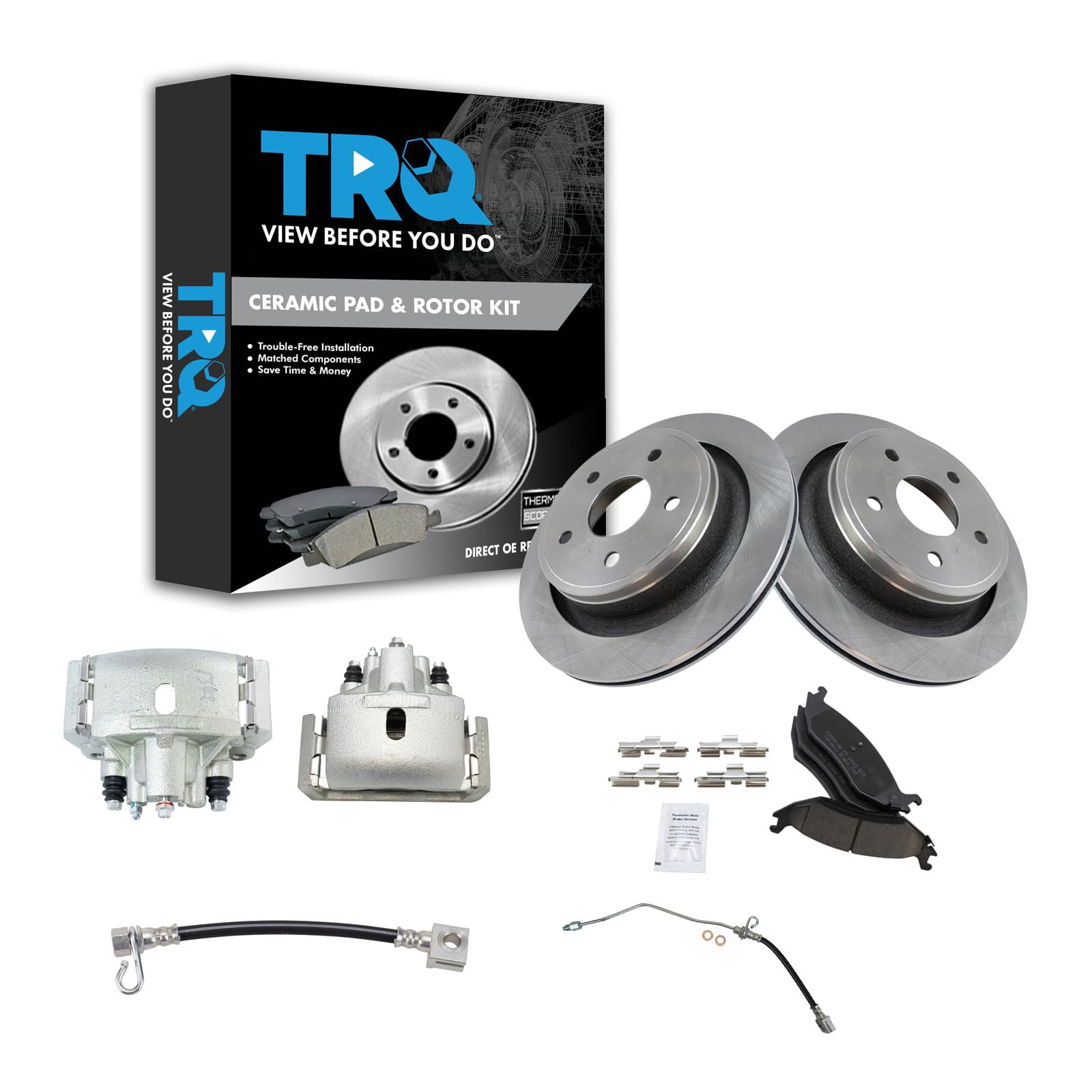 TRQ Rear Brake Pad, Caliper, Hose, &amp; Rotor Kit Ceramic Compatible with 2002-2004 Dodge Ram 1500