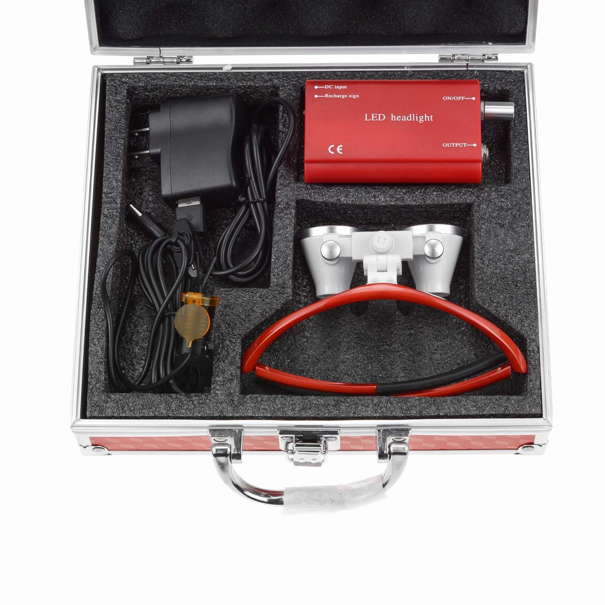 Lupa de 3,5 x 420 mm con faro LED de 3 W, filtro de clip óptico de plástico, gran distancia de trabajo, faro de plástico portátil, caja de aluminio rojo