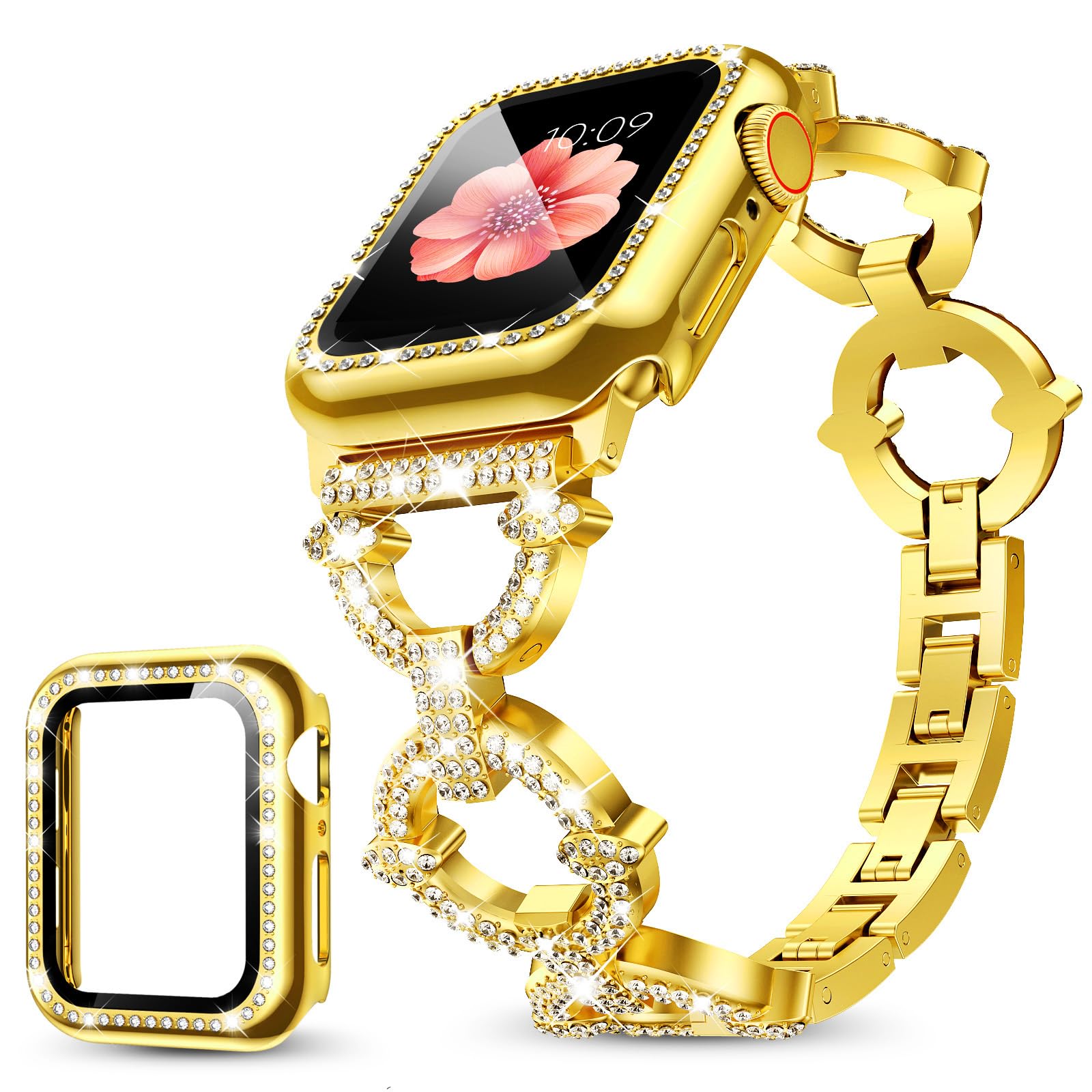 Mesime Compatible with Apple Watch Band 38mm 40mm 41mm 42mm 44mm 45mm 46mm, Women Bling Jewelry Bands with Tempered Glass Screen Protector Case, Shiny
