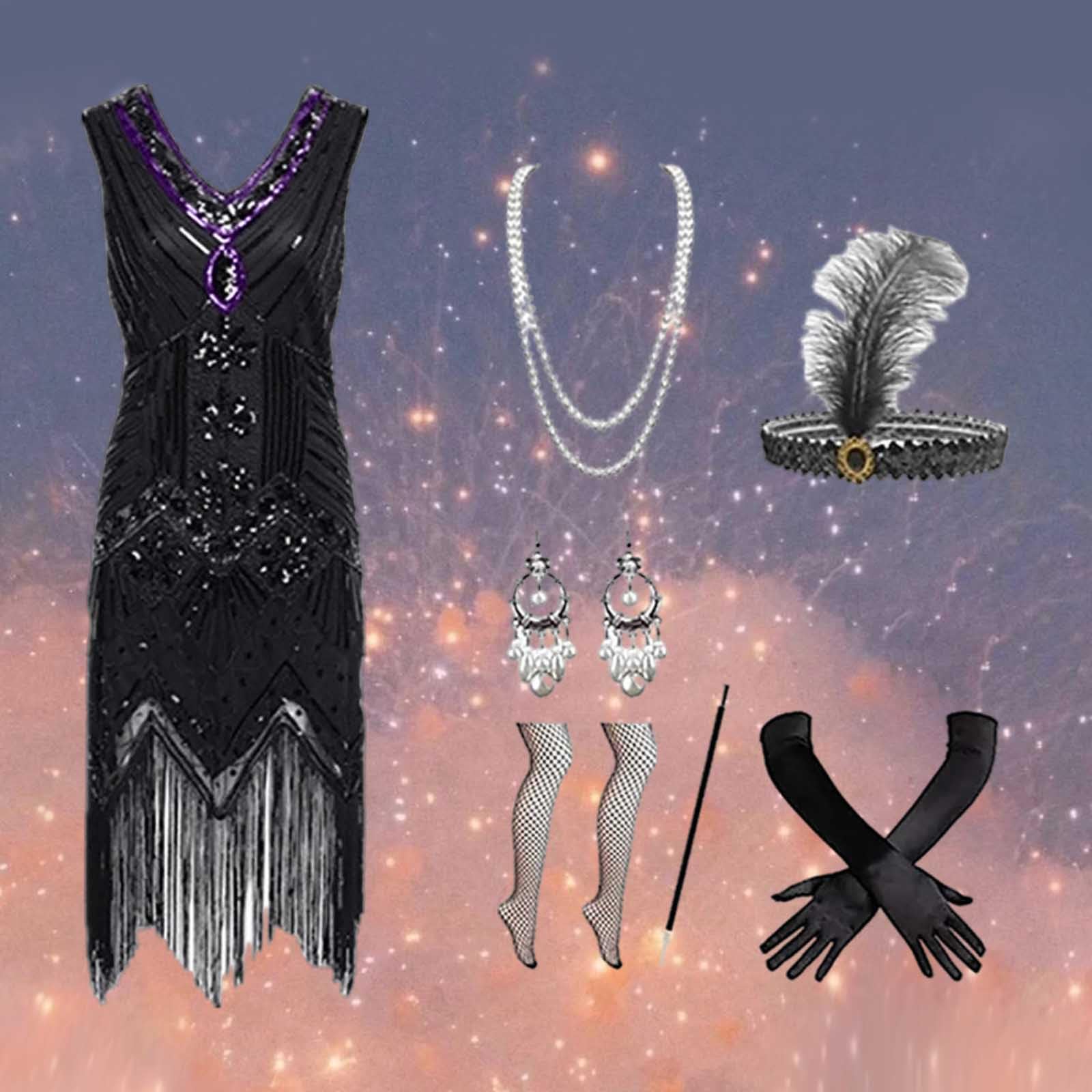 Generisch Vestidos de los años 20 para mujer con flecos y perlas pesadas lentejuelas vestidos con lentejuelas disfraces de carnaval para mujer con años 20 accesorios de carnaval para mujer