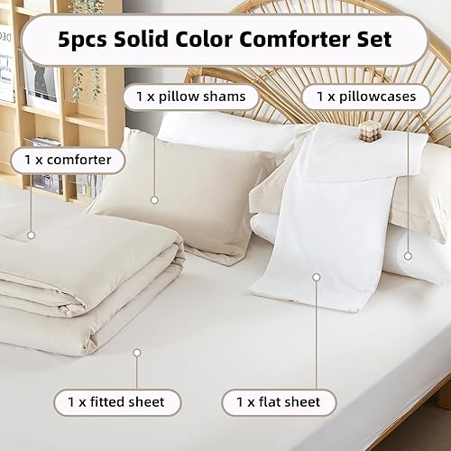 Miniatura 6 de weigelia Juego de edredón individual de 5 piezas beige en una bolsa, suave juego de ropa de cama Queen ligero para mujeres y hombres (edredones,