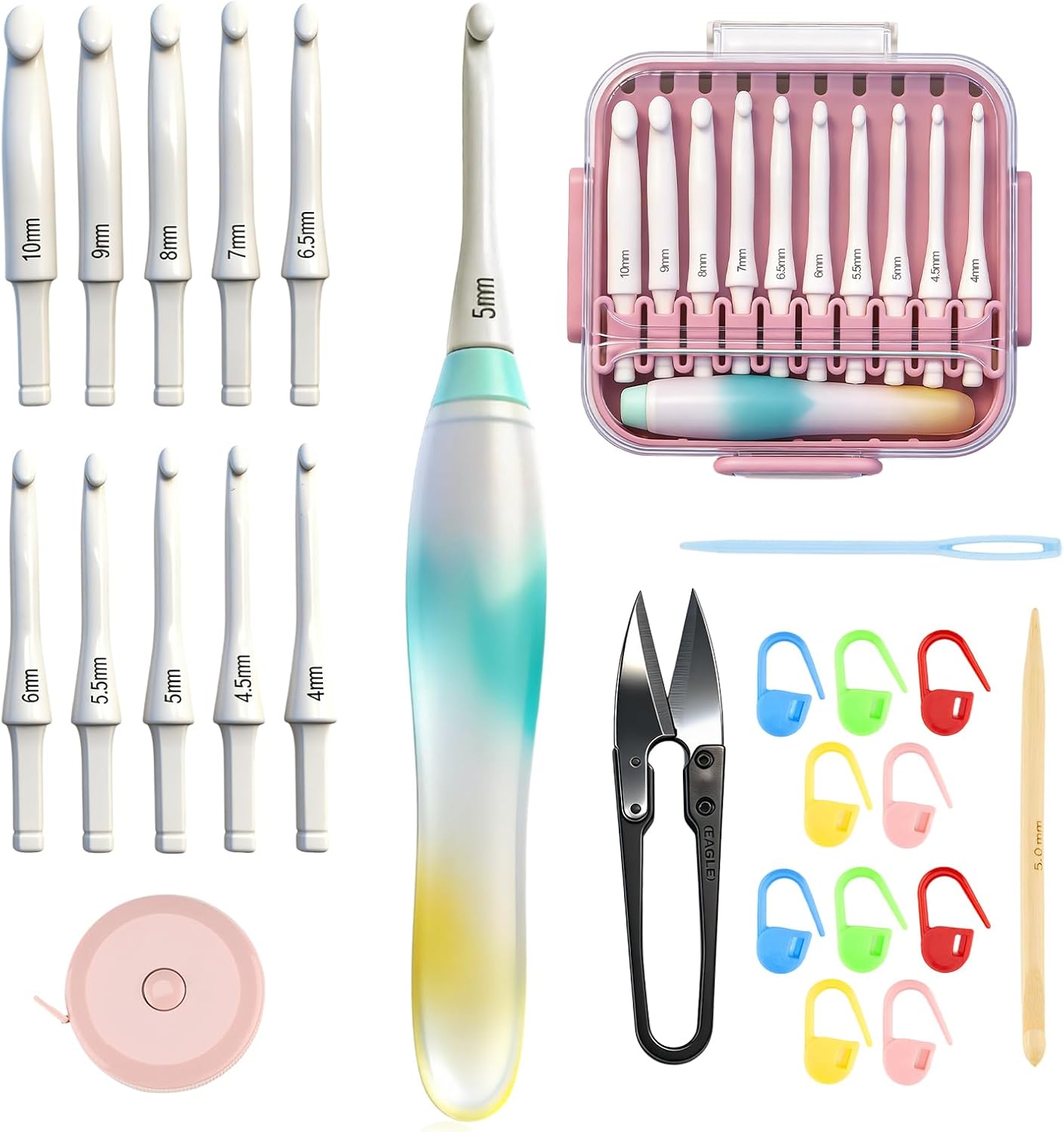 Crochet Hooks Set - Gel-Infused Jelly Touch Ergonomic Handle, 10 Sizes Interchangeable, All-in-One Kit with Organized Case for Beginners & Crafters