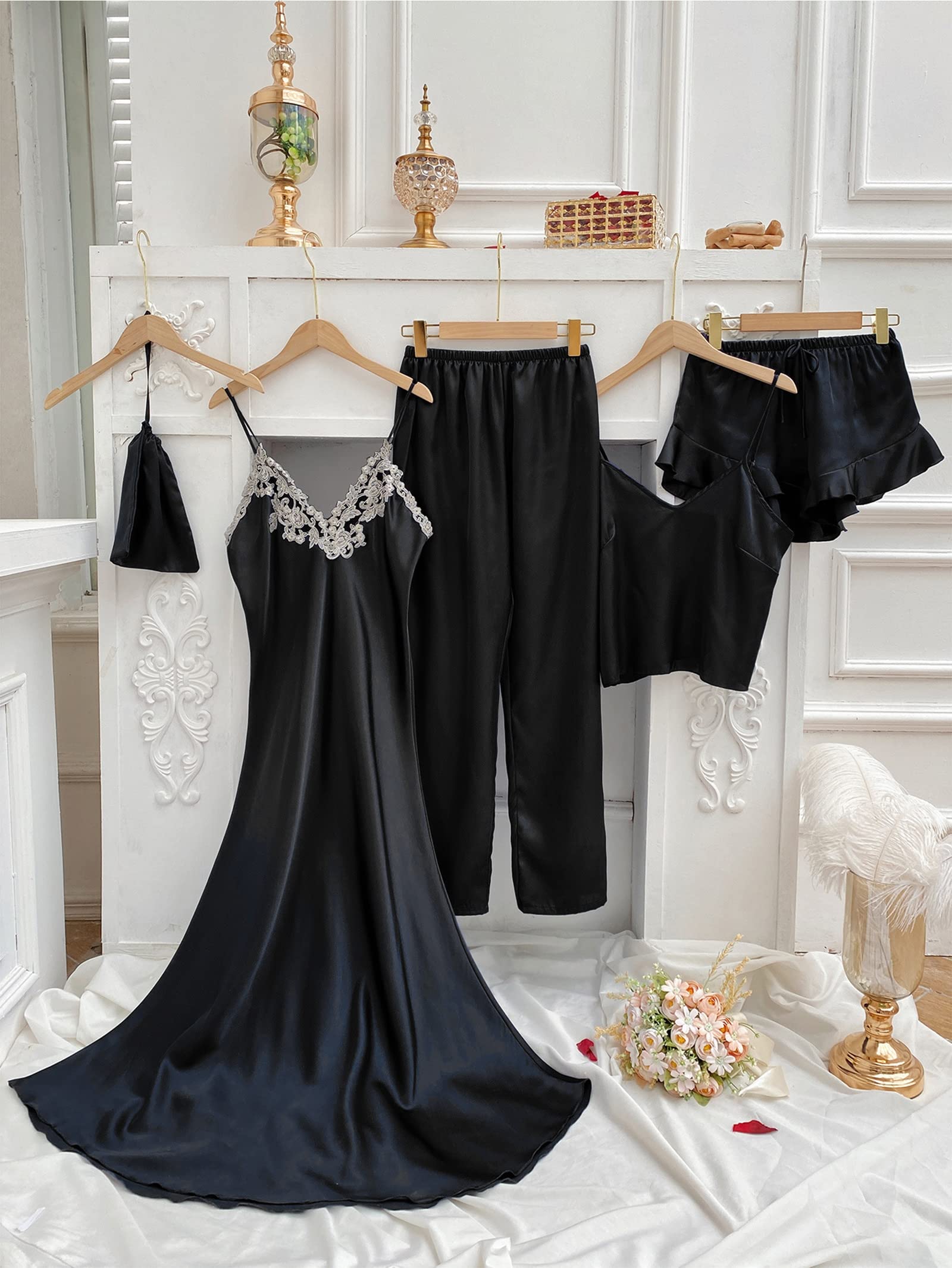 5 Pièces Femmes Chemises De Nuit D'été Satin Sexy Robe Robe De Chambre pour Femmes Ensemble De Pyjamas