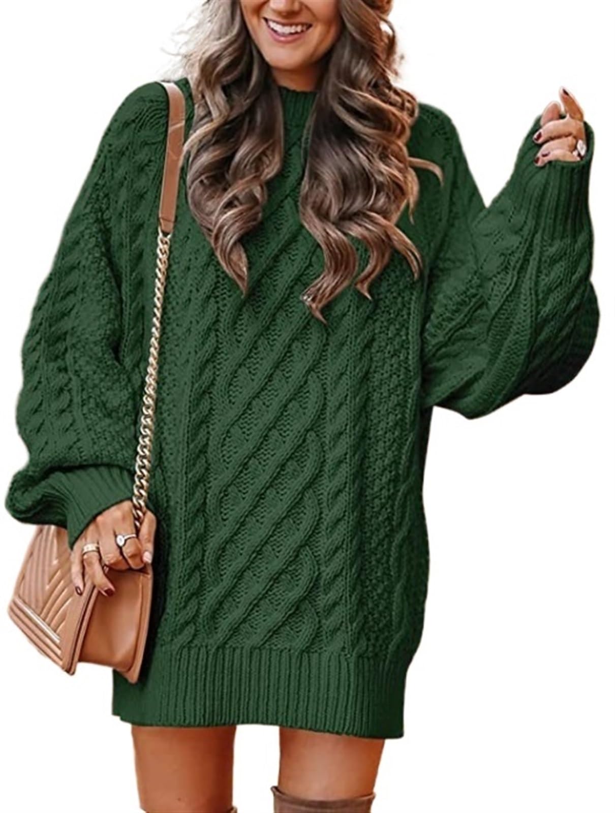 SINLEX Women Long Sleeve Oversized Cable Knit Chunky Baggy Loose Pullover Tunic Mini Sweater Dress Trendy Fall Outfits(Green,L)