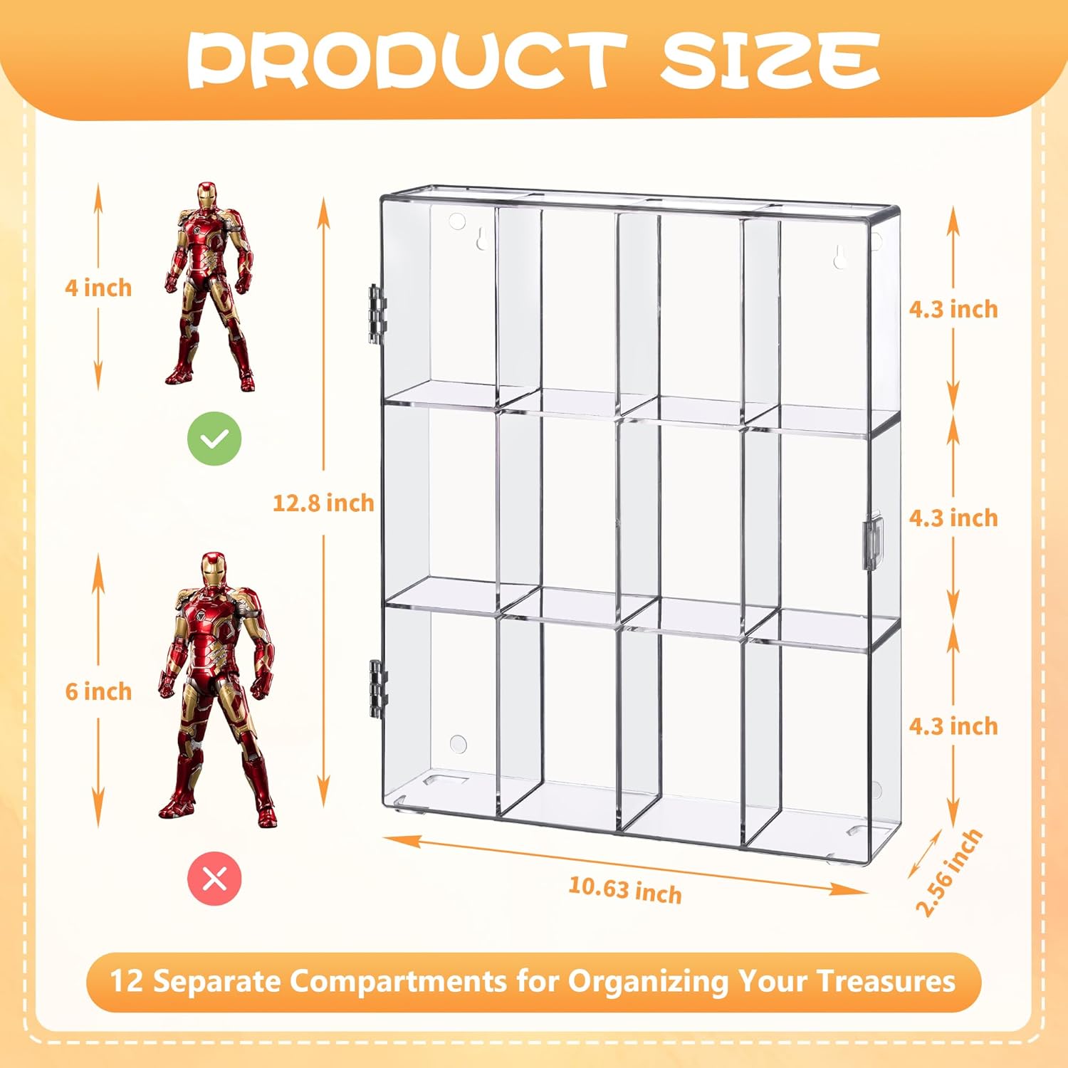 12-Compartment Acrylic Display Case for Figures, Rocks, Crystals, Mini Toys & Collectibles - Clear Display Box, Wall-Mountable & Desktop, Swing Door Design, Dustproof & Waterproof, No Assembly
