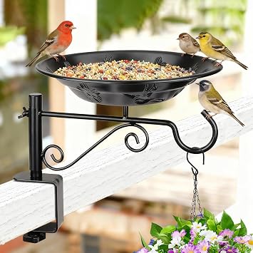 Balcony Bird Feeder, Bird Bath with Plant Hook for Outdoors, Black | Deck Mounted, Heavy Duty, Garden Hanger for Hanging Planters, Lanterns, Wind Chimes, Easy to Install, Gifts for Women Men