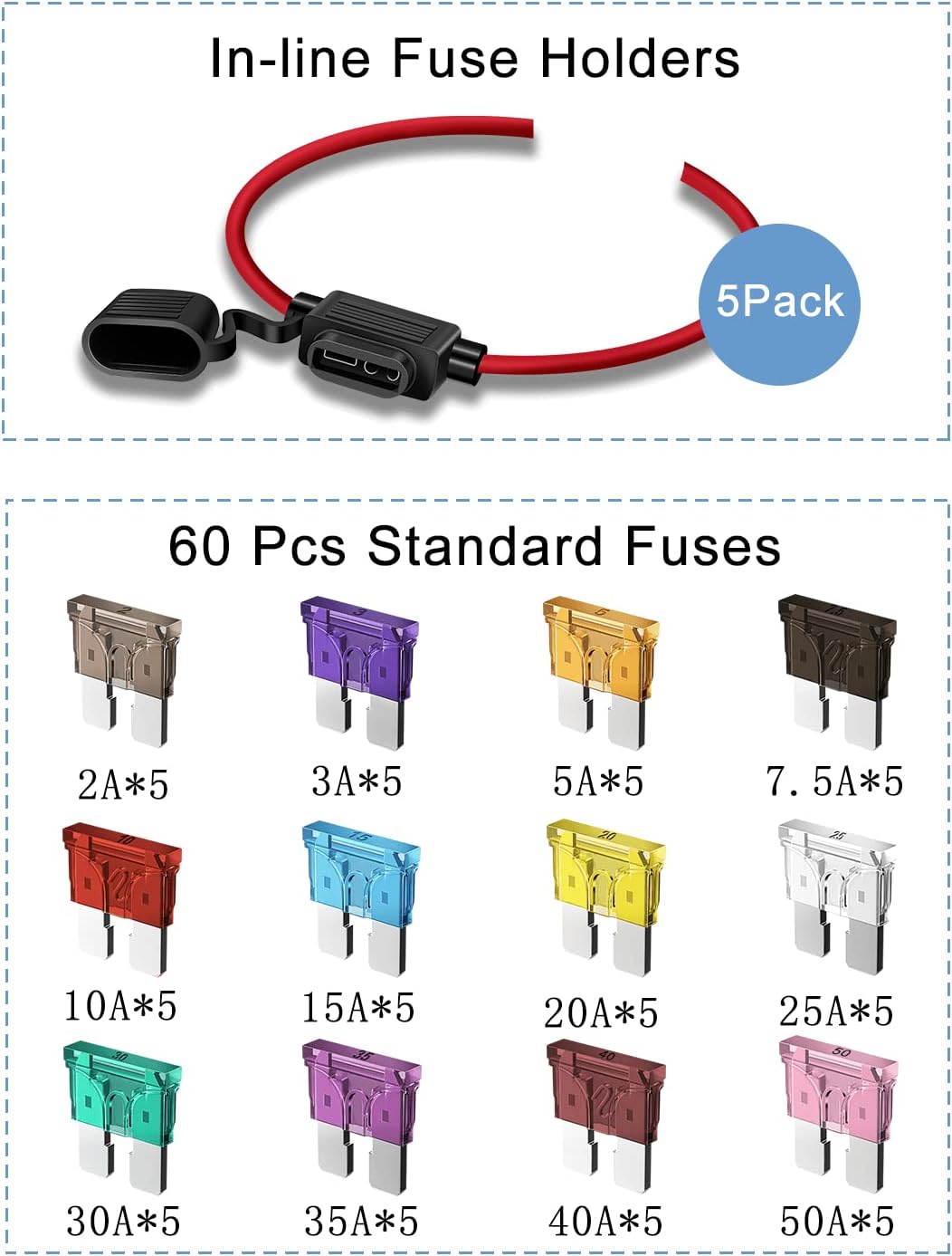 5 Pack 12 AWG Inline Fuse Holder - Automotive Replacement Fuse Holder with 60 Pcs (2A, 3A, 5A, 7.5A, 10A, 15A, 20A, 25A, 30A, 35A, 40A, 50A) ATC/ATO Standard Blade Fuses : Automotive
