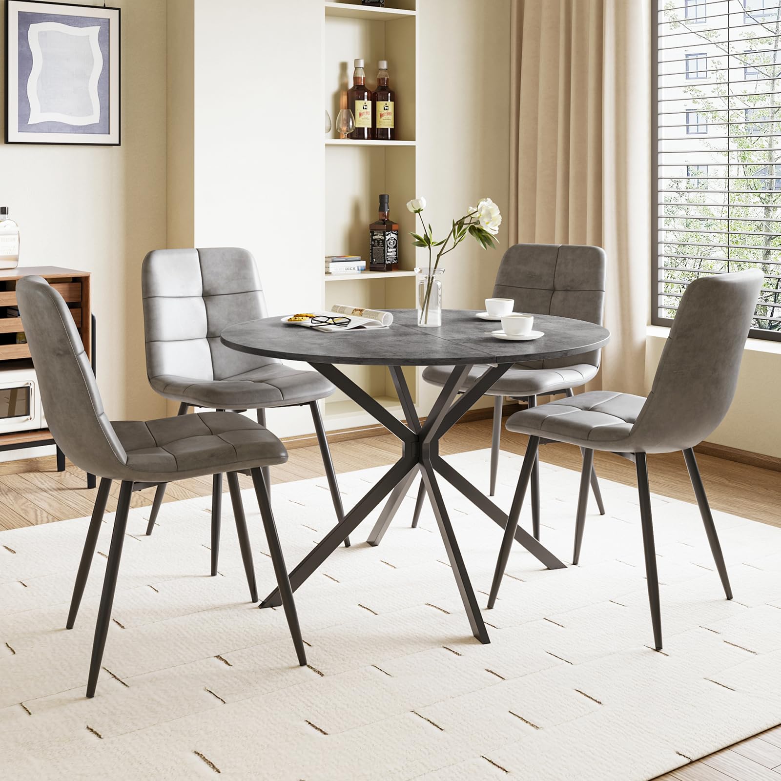 Luxstein Round Dining Table and Chairs Set 4, 100cm Concrete Effect Folding Table with 4 Grey Upholstered PU Leather Chairs for Dining Room, Kitchen โ image 1