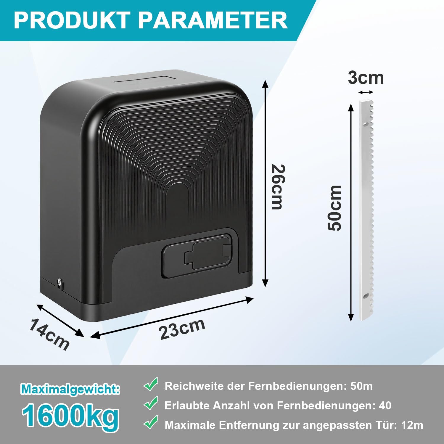 Accionamiento para puerta corredera, 750 W, 1600 kg, accionamiento automático con 2 mandos a distancia, luz de advertencia, función de cierre automático