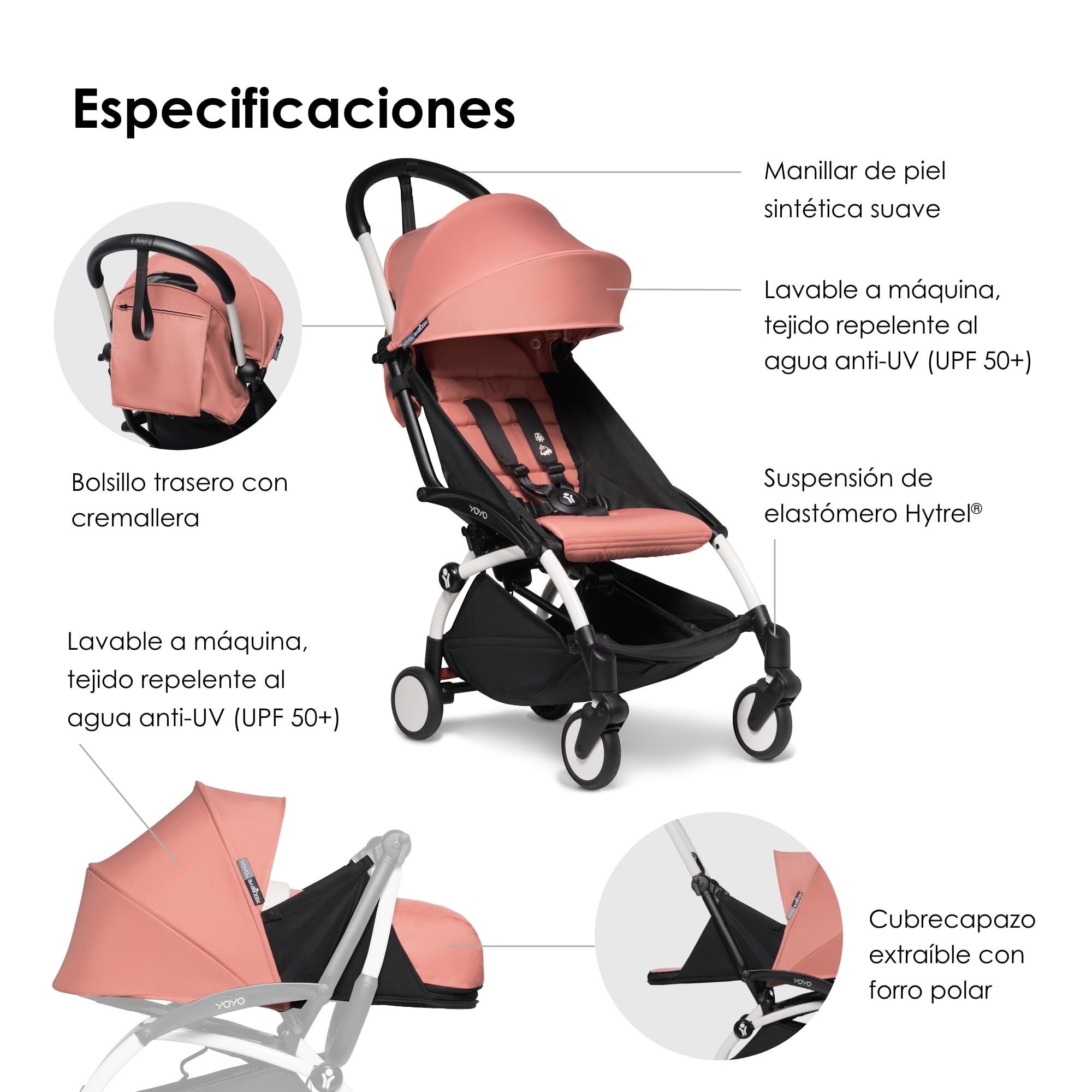 BABYZEN Cochecito Completo YOYO2 - Incluye Pack Recién Nacido 0+ (Ginger), Chasis (Blanco) & Pack 6+ Color (Ginger) - Para Niños Hasta 22 kg