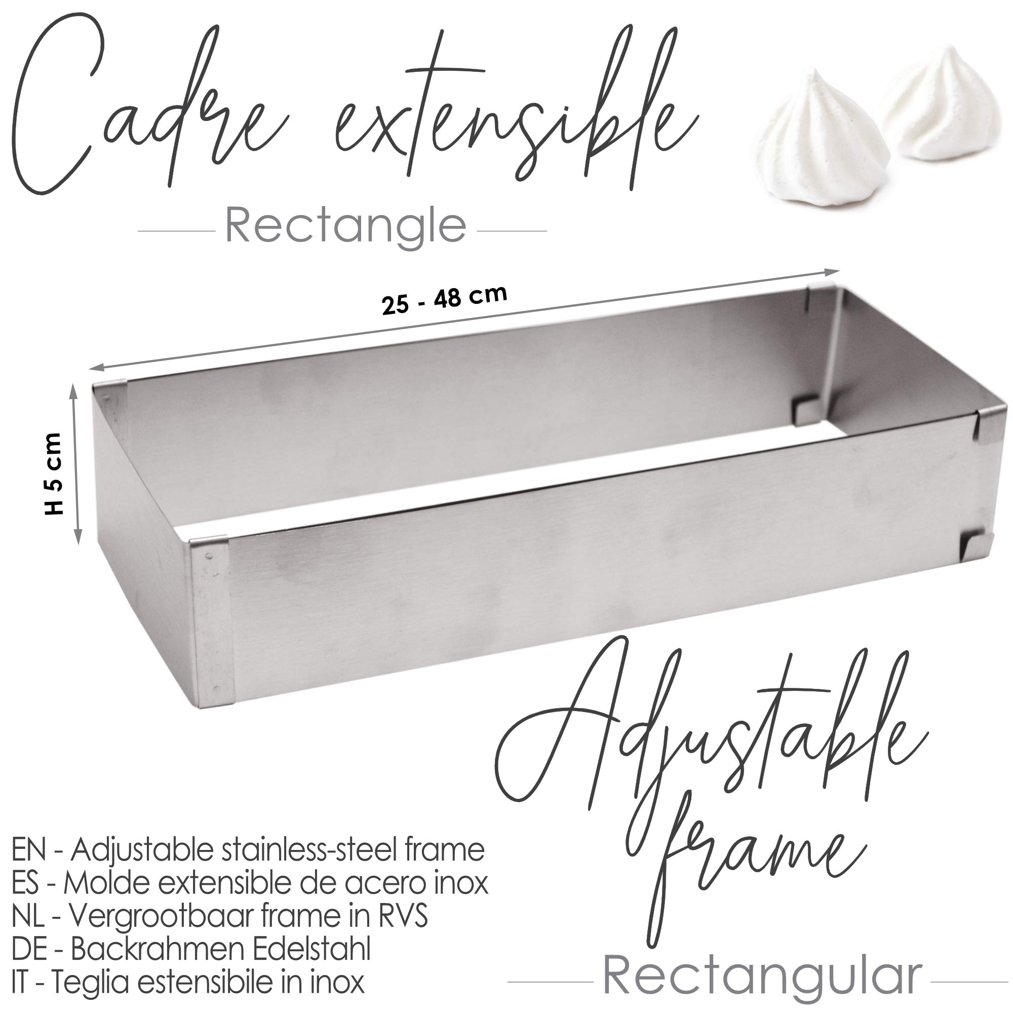 SCRAP COOKING 1916 Marco de repostería Extensible de Acero Inoxidable – Molde Rectangular de Longitud Ajustable de 25 a 48 cm – para Tartas, postres – Accesorio de pastelería, 18/10