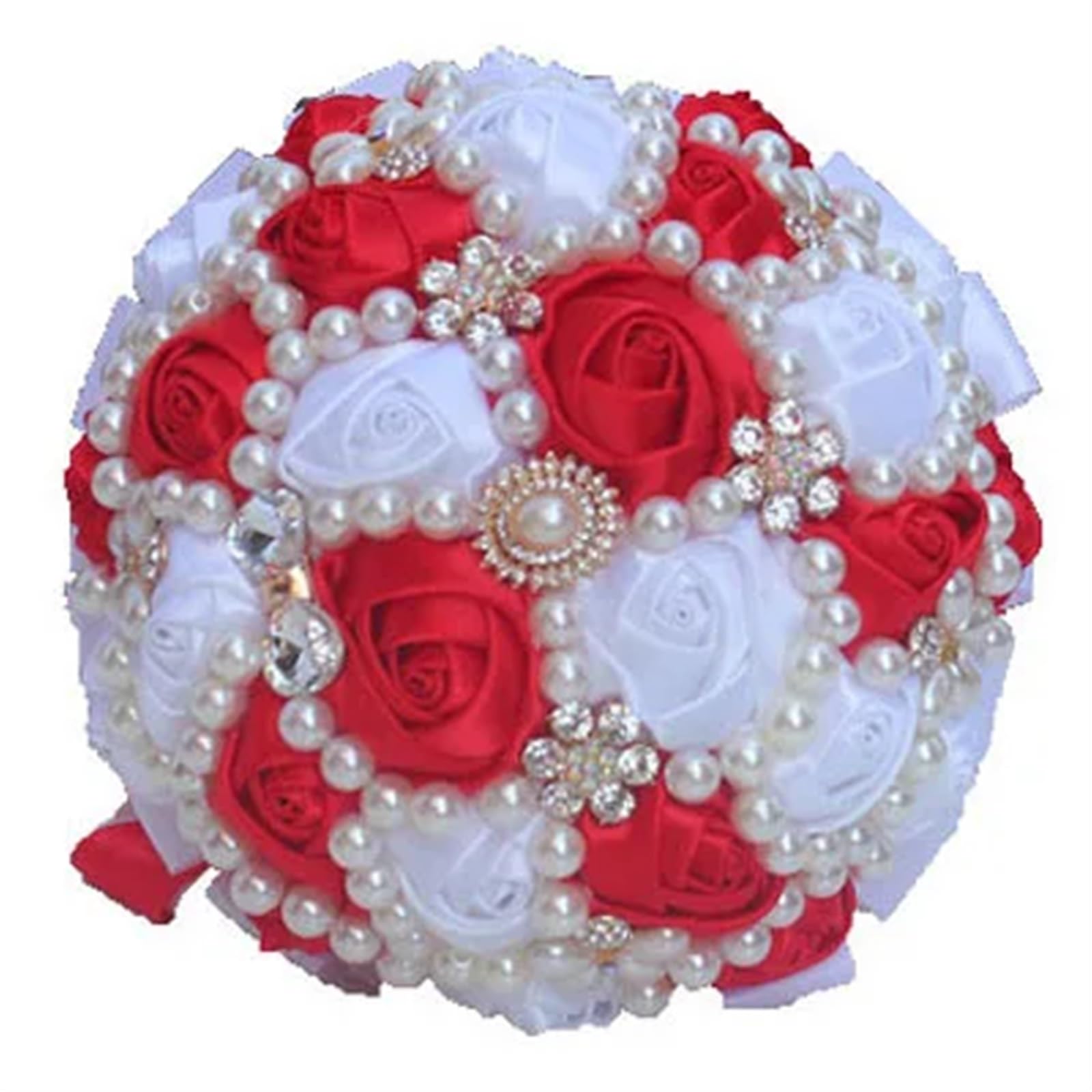 NDLHXKFRP Wedding bouquets for brides and bridesmaids, Wedding Bouquet Bridal Artificial Satin Rose Brooch Pearl Ribbon Diamond(Color 7)