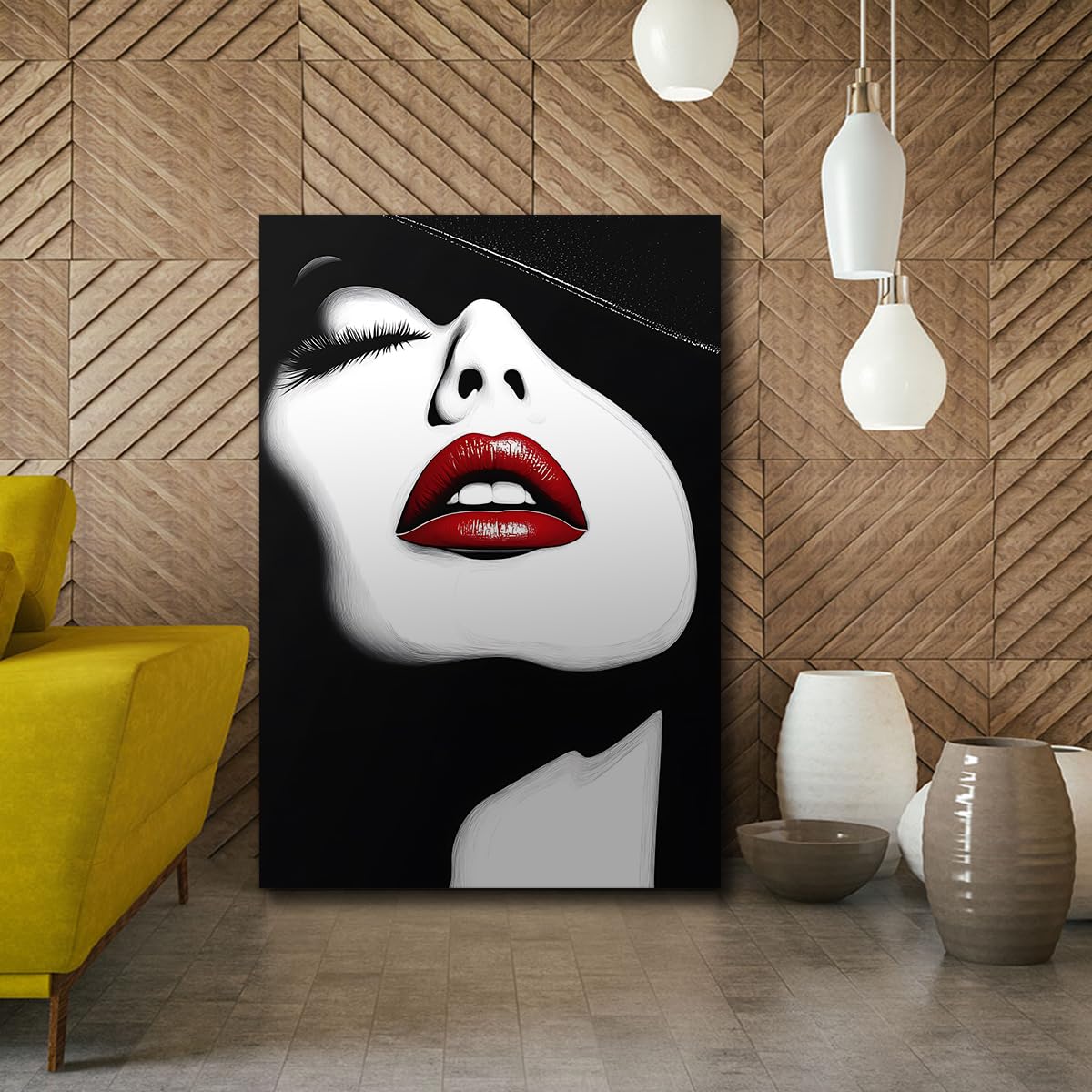 CHERHERART Stampe di poster bianche nere Labbra rosse Pop Art Arte da parete Ritratti di moda misteriosi Opere d'arte per camera da letto 55x85cm Innerframe
