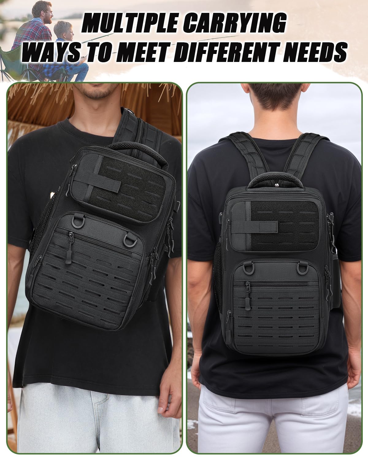 2 in 1 Angelrucksack mit Rutenhalter kleine Angeltasche 25L taktische Angeln Schultertasche militär Rucksack für Angeln Wandern (23x20x37cm)