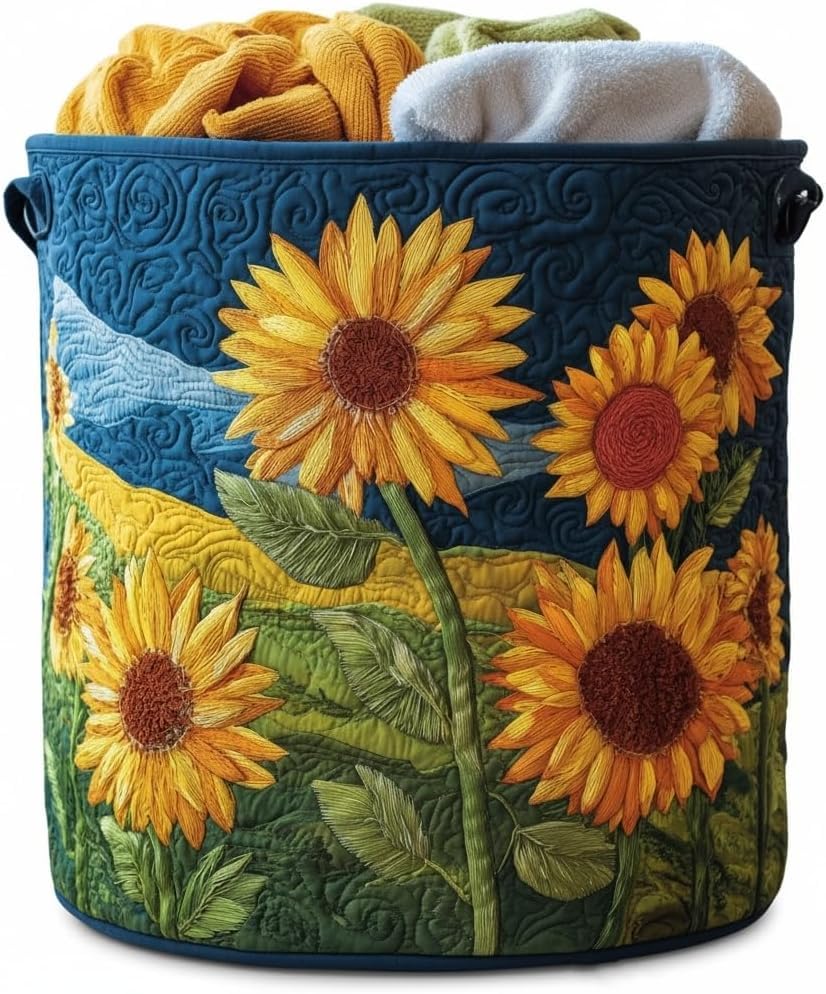 Image of Quilted Laundry Basket With Handles,boho storage basket,quilted basket | aesthetic decorative laundry basket ,washable storage basket,for storing clothes, blankets, and thing
