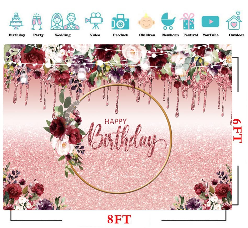 Geburtstag Hintergrund Rose Gold – Pink Glitzer & Blumen, 2,4 X 1,8 M, Für Fotoshootings & Partys