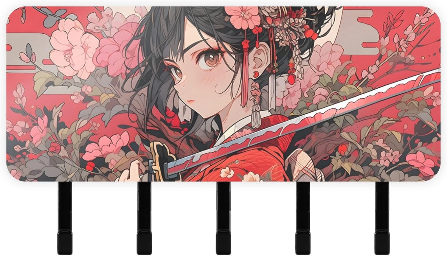 Anime Samurai Print Mail Key Holder Organizer 5 Key Hooks for Living Room Hallway Bedroom Entrance 7×4 Inches 3.3 LB Weight Capacity