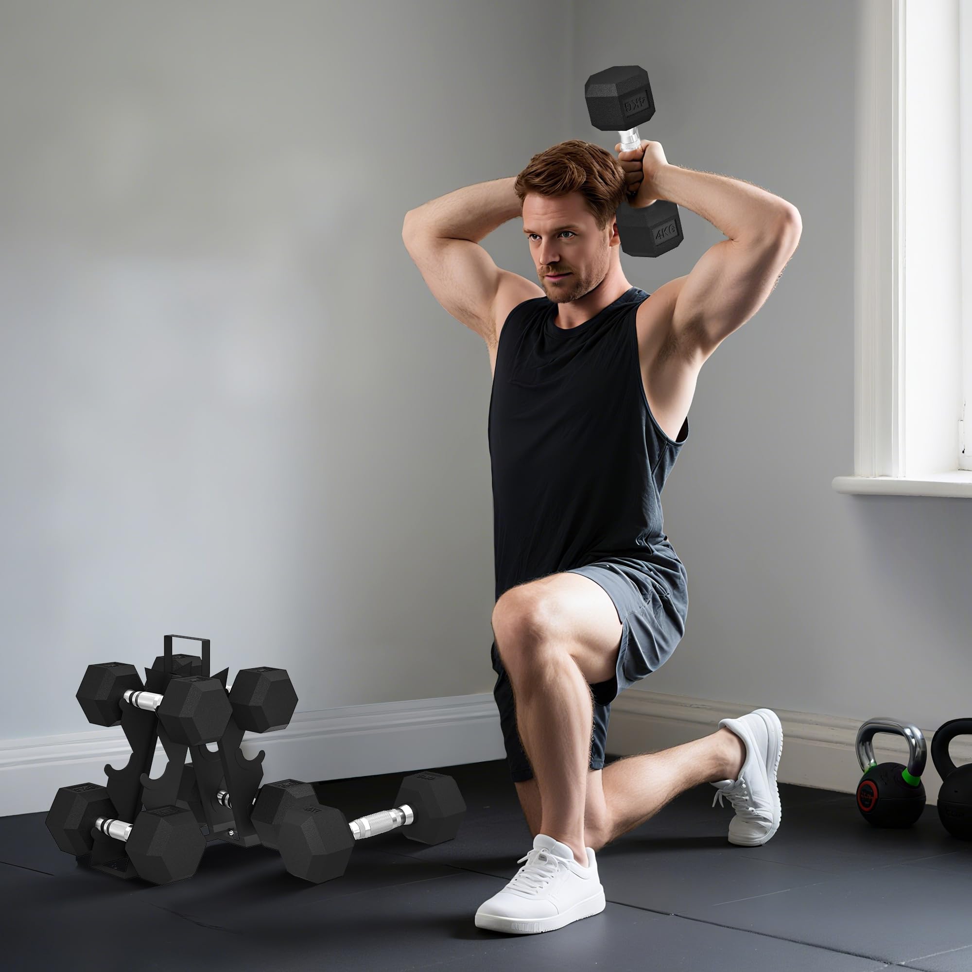 SPORTNOW Juego de Mancuernas de 6 Piezas 30 kg/36kg, Mancuernas Hexagonales2x2kg-2x8kg, con Soporte de Almacenamiento y Mango Antideslizante para Entrenamiento en Casa Gimnasio, Negro
