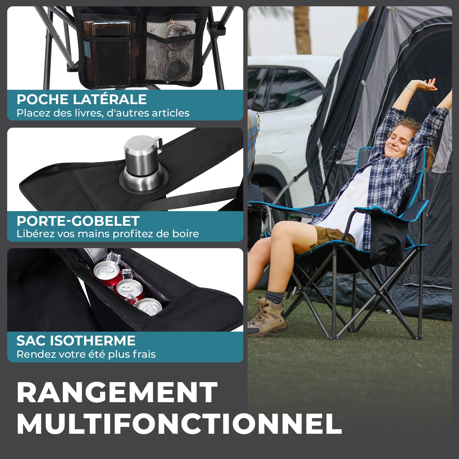 FUNDANGO Chaise de Camping Pliable surdimensionnée pour Adultes, 250 kg, Chaise de Plage Pliante Portable avec siège et Dossier rembourrés, Refroidisseur à 4 canettes et Porte-gobelet, Sac de
