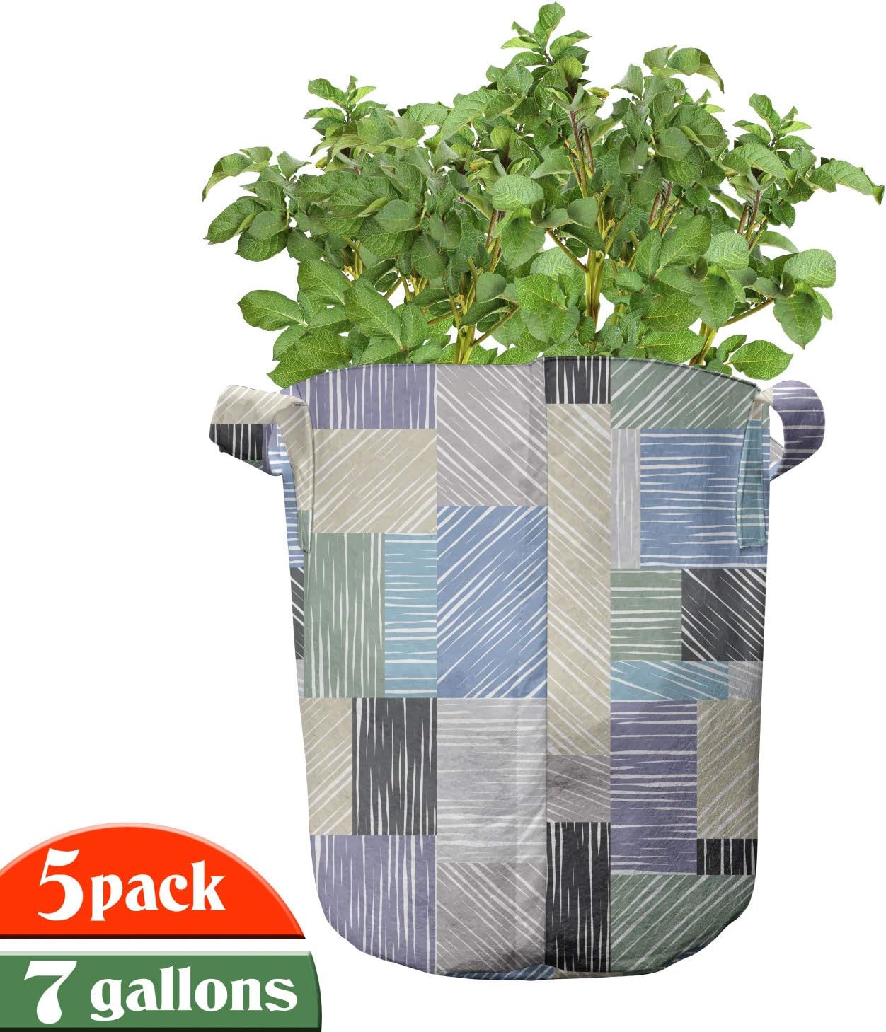 Lunarable Abstract Grow Bags 5-Pack, Square Shaped Box Sketch, Heavyduty Fabric Pots with Handles for Plants, 7 Gallon, Army Green Peach