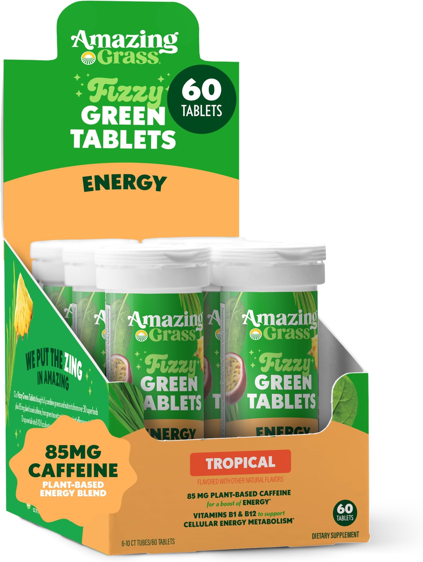 - Amazing Grass Fizzy Green Tablets Energy Tropical: Greens + Green Tea Caffeine, Water Flavoring Tablet with Antioxidants, 60 Count