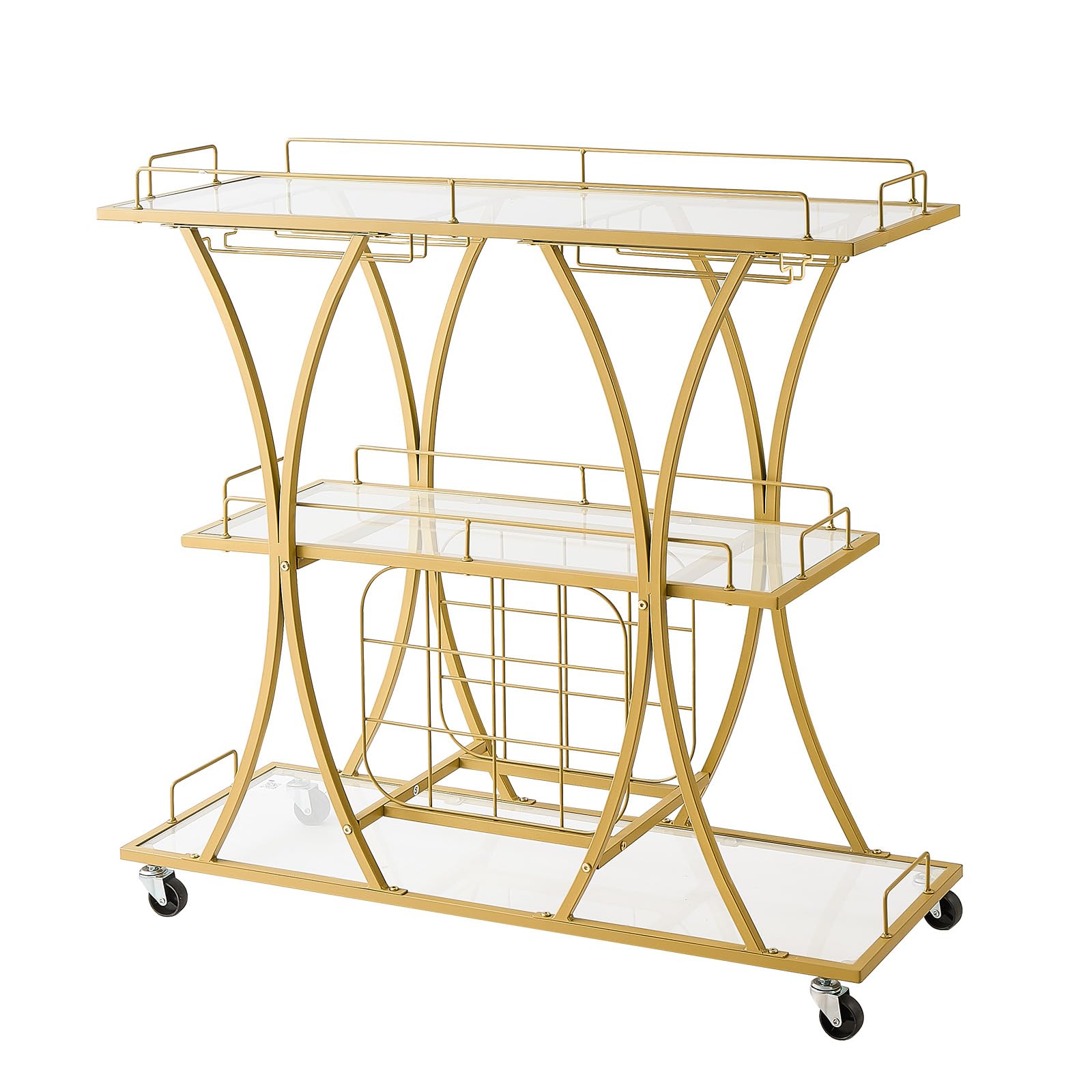 VEVOR Carro de Bebidas con Botellero de 3 Niveles, Carrito de Servicio con Ruedas, Estantes de Vidrio Espejado, Soporte para Copas, para Sala de Estar, Comedor, Cocina, 100 x 35 x 94 cm, Dorado