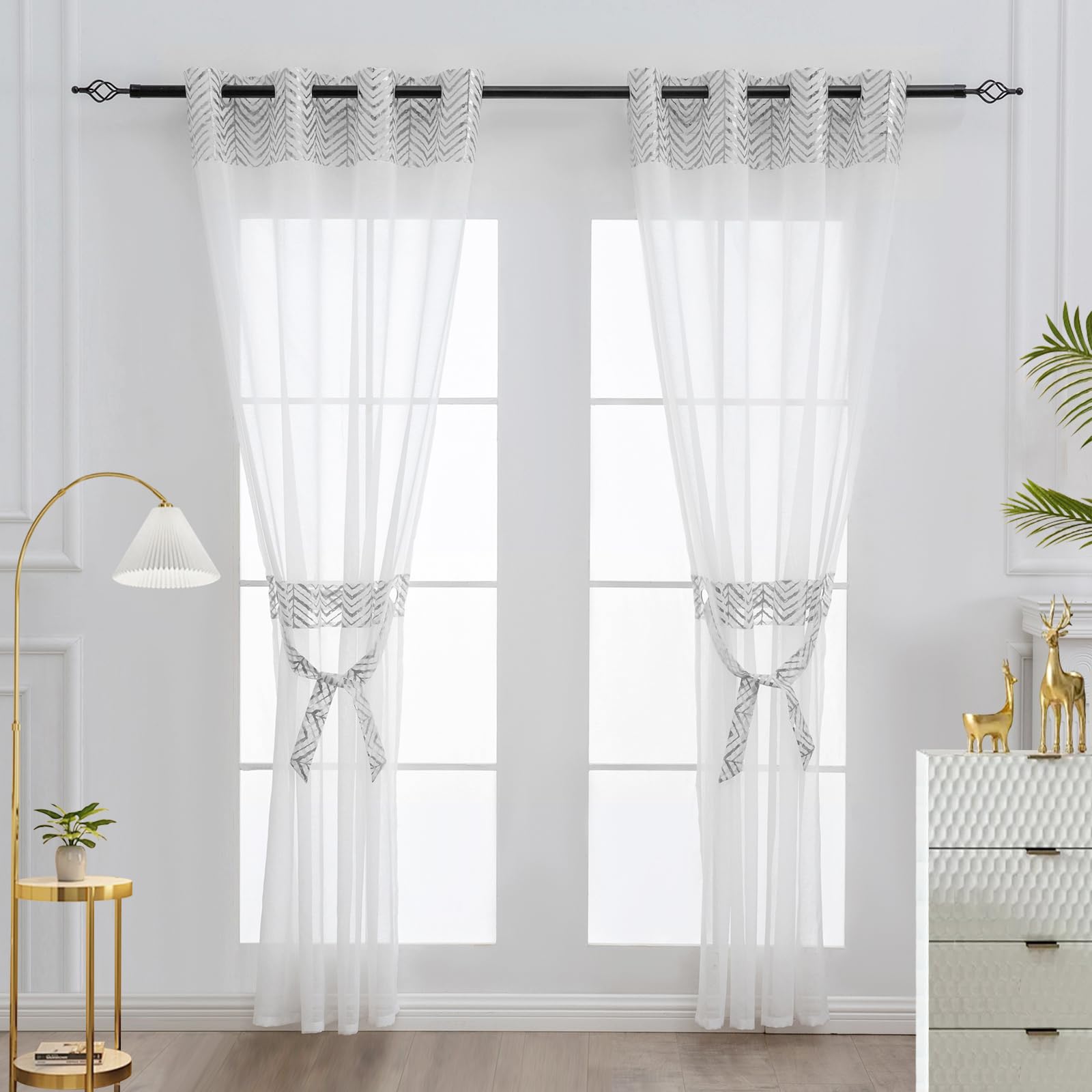 L.Z.E Cortina Corta Plata Cortinas Blancas con Dibujo Plateado con Ojales Cortina de Ventana para Salón Dormitorio Habitación Infantil Transparente Juego de 2 Cortinas Alto x Ancho 145x140 cm OEKO-TEX STANDARD 100