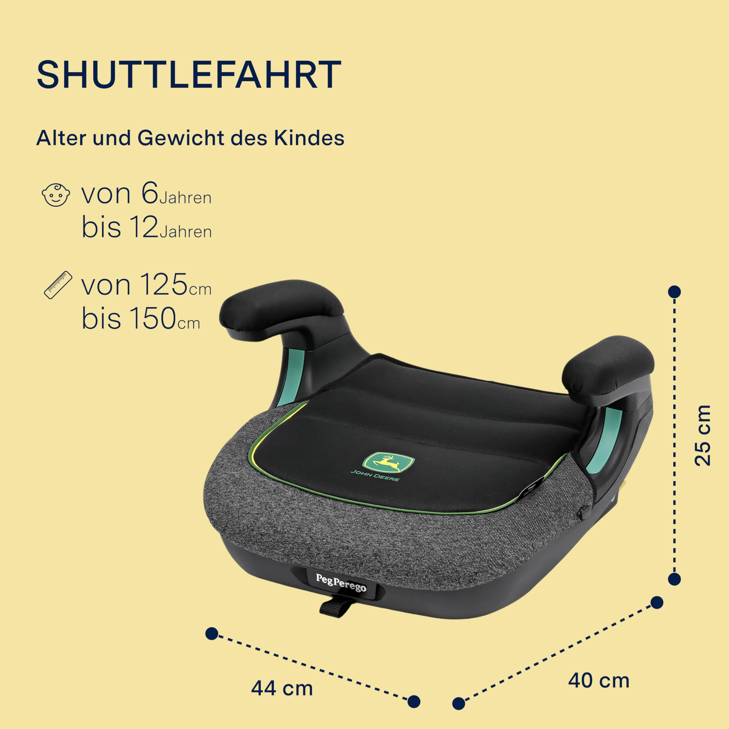 PEG Viaggio Shuttle Autositz, Auto-Sitzerhöhung mit ISOFIX für Kinder von 125 bis 150 cm (6-12 Jahre), 22-36 kg, John Deere