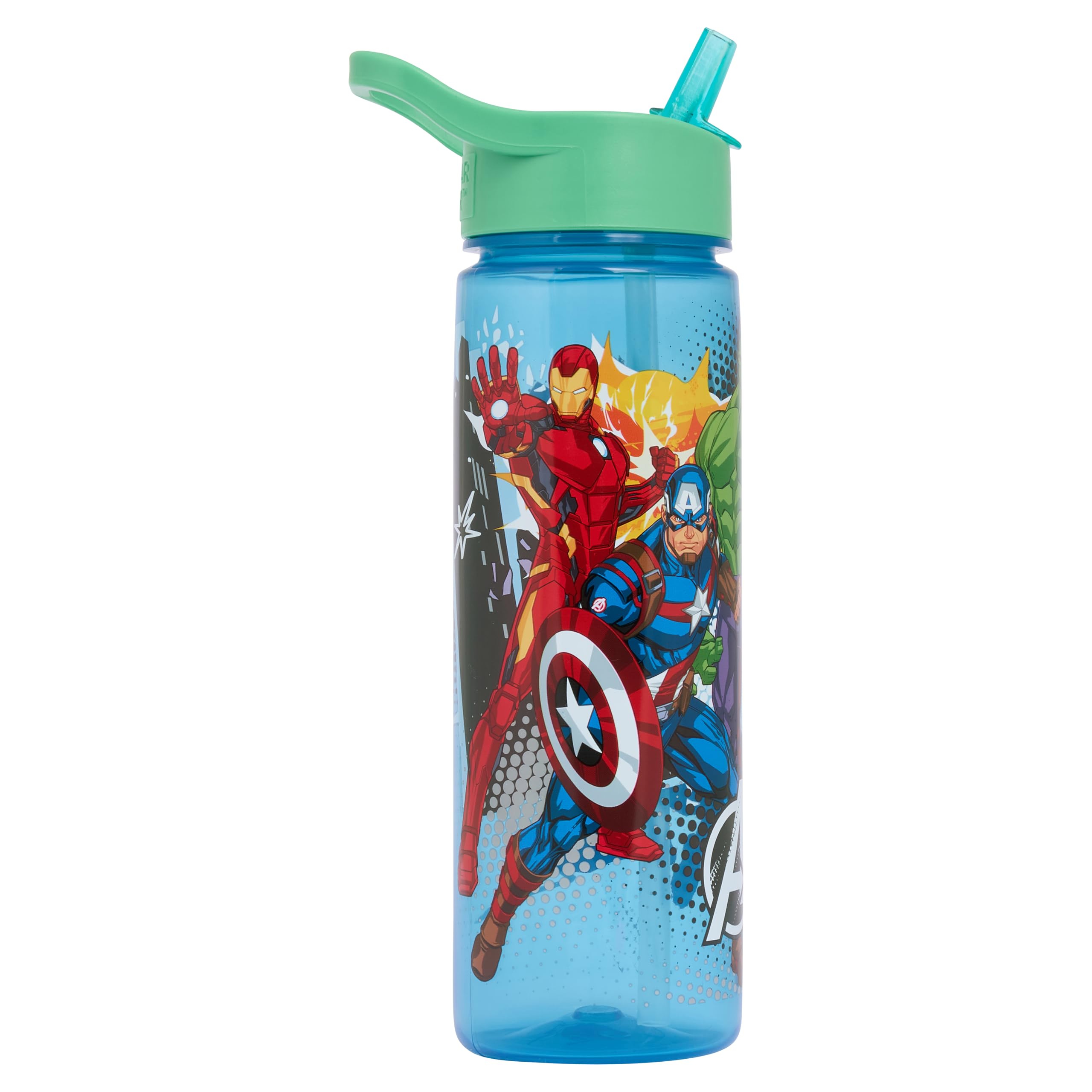 Marvel Avengers Kids Water Bottle with Flip-Top Lid, Built-in Straw and Carry Handle, Blue, 600ml