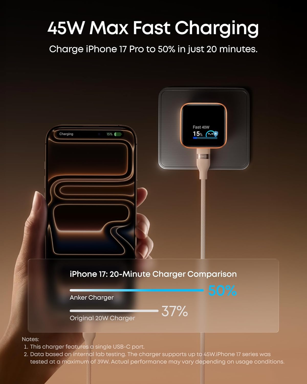 Anker Nano USB C Charger,45W USB C Charger Block with Smart Display,180°Foldable Plug,Smart Recognition,Built-in Care Mode,for iPhone17/16/15 (Non-Battery,One USB-C Port,No Cable Included) - Image 3