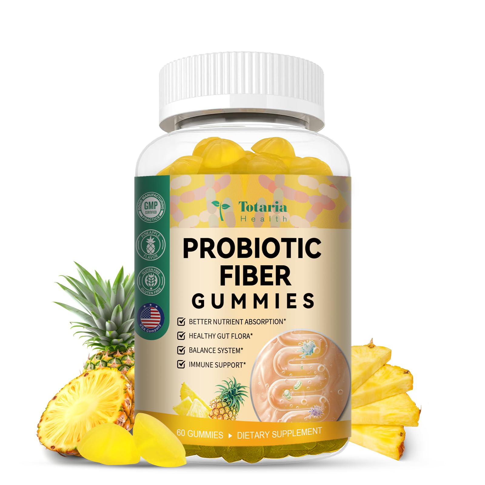 9-in-1 Sugar-free Probiotic Fiber Gummies for Adults & Teens, Pineapple Pineapple 60 Count (Pack of 1)