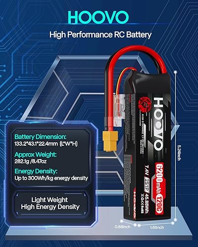 Miniatura 3 de HOOVO Batería Lipo 2S, 7.4 V 6200 mAh 120C RC, funda blanda con enchufe XT60 para coche RC, camión, buggy, rastreador, avión, barco, vehículo RC, 2