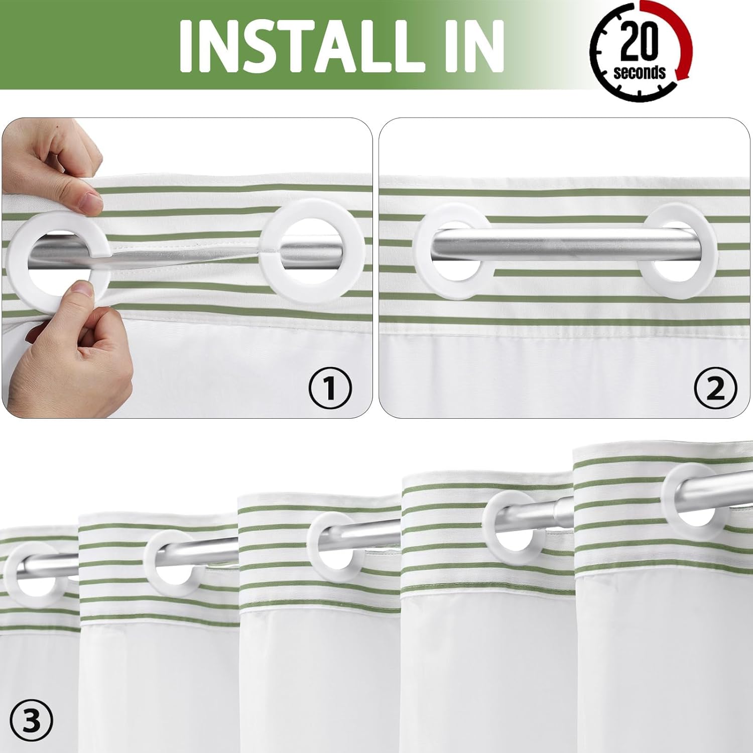 No Hook Shower Curtain and Liner Set,Sage Green Boho Striped Shower Curtain for Bathroom Cotton 75" L x 72" W