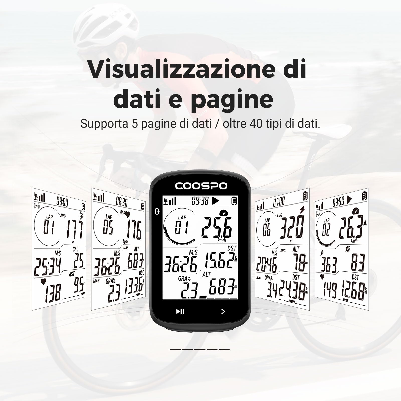 COOSPO CS300 Ciclocomputer GPS Senza Fili Display 2,6" Retroilluminazione Automatica,Bluetooth5.0 ANT+ Contachilometri bici senza fili Personalizzazione del display e lunga durata della batteria 40H