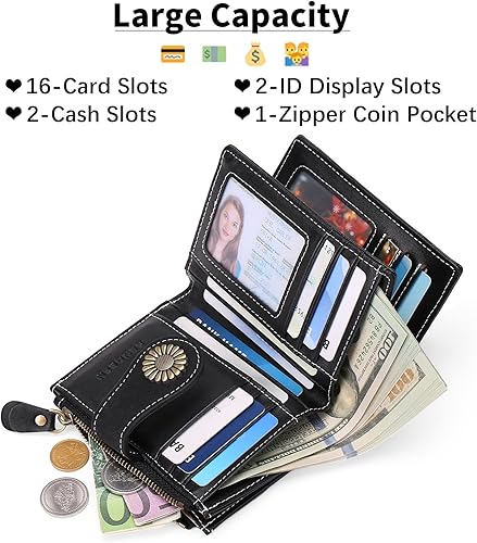 Miniatura 2 de SENDEFN Carteras pequeñas para mujer, con bloqueo RFID, de cuero, plegable, tarjetero con ventana de identificación