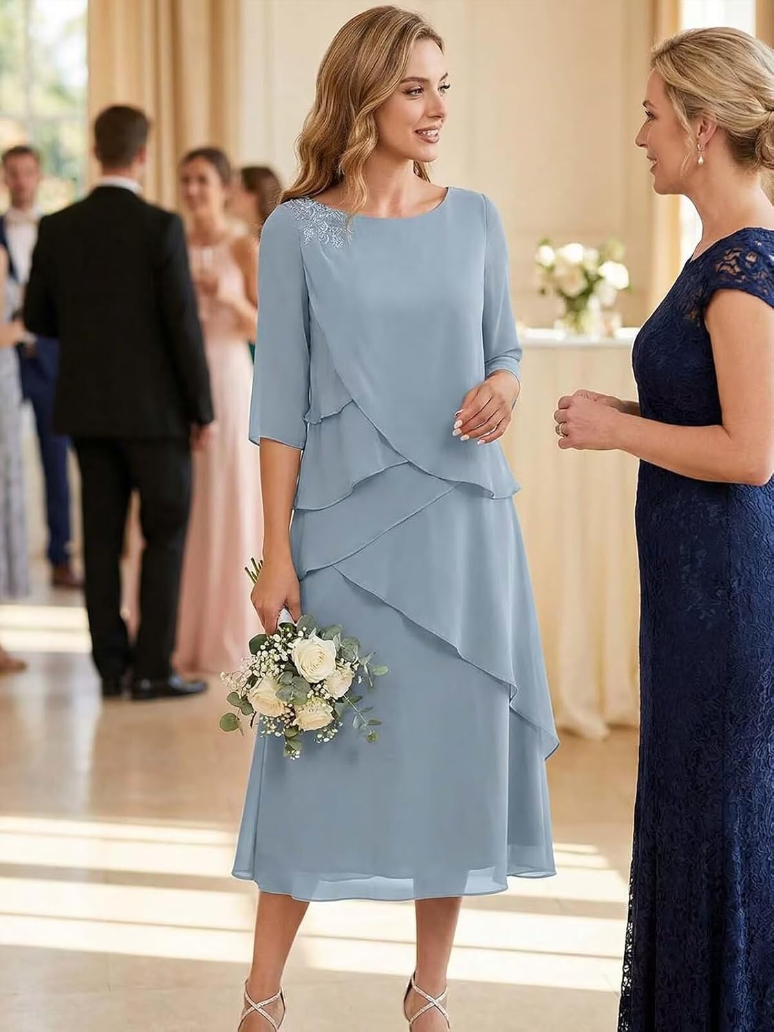 Mother of The Bride Dress for Wedding Chiffon 3/4 Sleeve for Women Ruffle Formal Dress