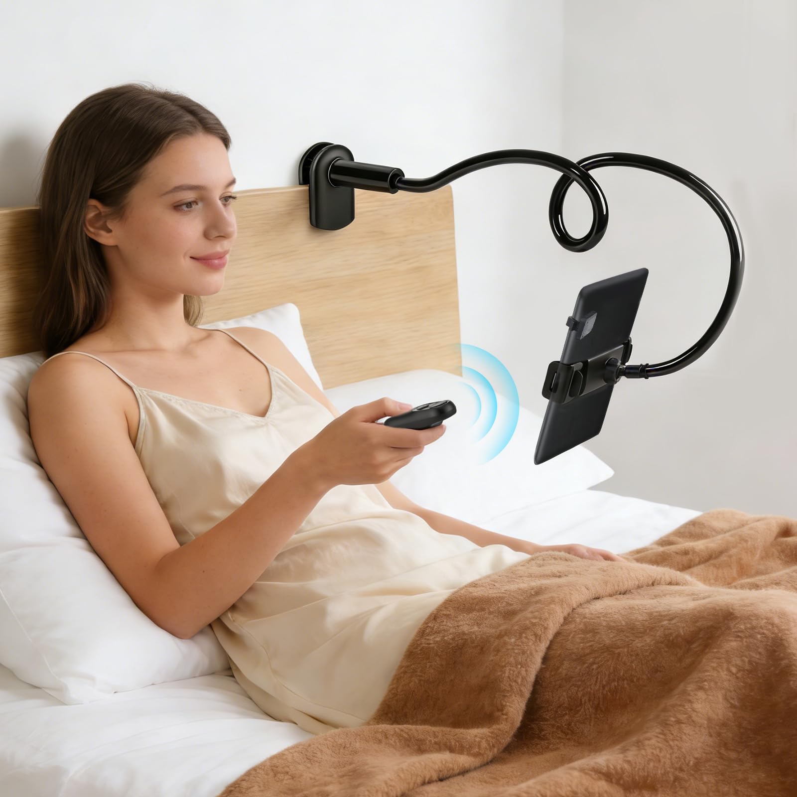 Supporto per Kindle a Collo di Cigno con Telecomando Gira Pagine per Leggere a Letto, Supporto da Scrivania per Tablet, Braccio Lungo Flessibile per Tablet, iPhone e Accessori Kindle