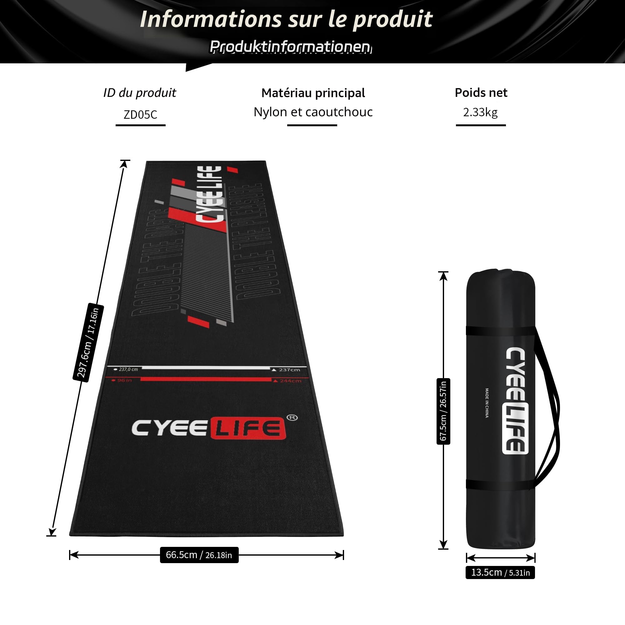 Cyeelife Tapis de fléchettes 297 x 66 cm, avec une base antidérapante en caoutchouc, matelas de fléchettes professionnel pour protéger le sol et les fléchettes