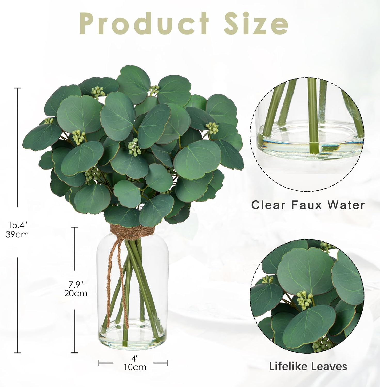 Fake Real-Touch Eucalyptus in Glass Vase with Faux Water – Realistic Faux Greenery Decor, 15.4" Tall, Artificial Silver Dollar Eucalyptus Arrangement for Home, Farmhouse, Kitchen, Bathroom, Office