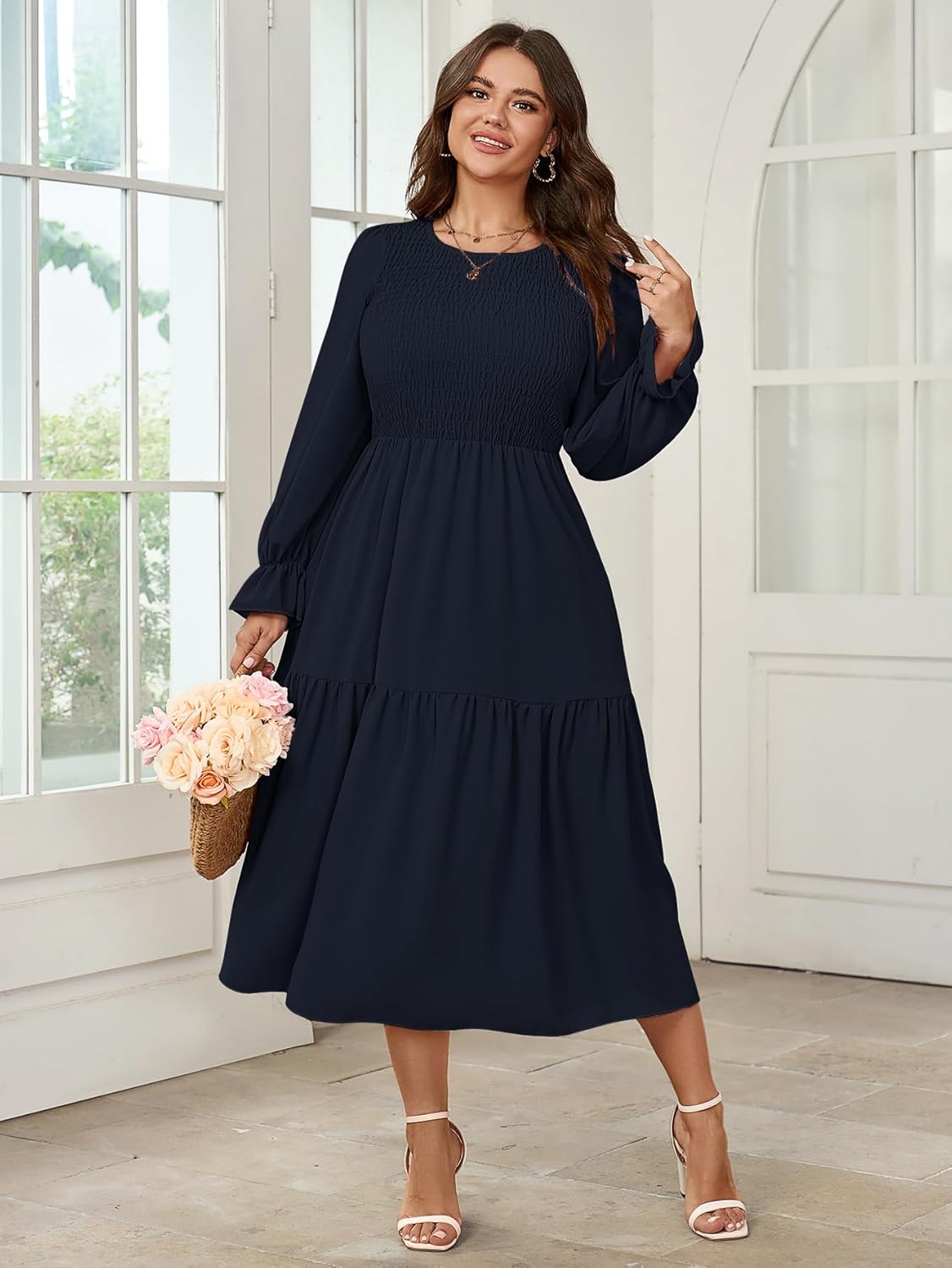Women's Plus Size Dress Long Sleeve Crewneck Smocked Tiered Flowy Boho Wedding Party Maxi Dresses - Image 2