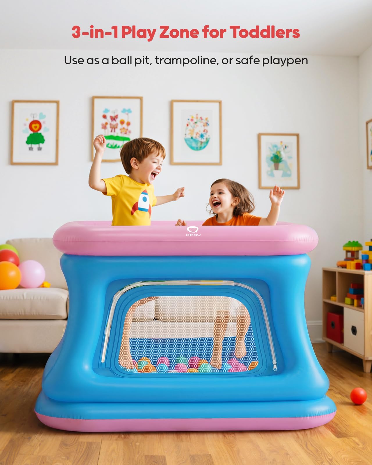 QPAU 3-in-1-Bällebad und Trampolin für Kleinkinder, aufblasbare Hüpfburg mit Sicherheitsnetz, Outdoor-Spielzeug für Kleinkinder von 1–3 Jahren, Hüpfburg für den Innenbereich, Babyspielplatz