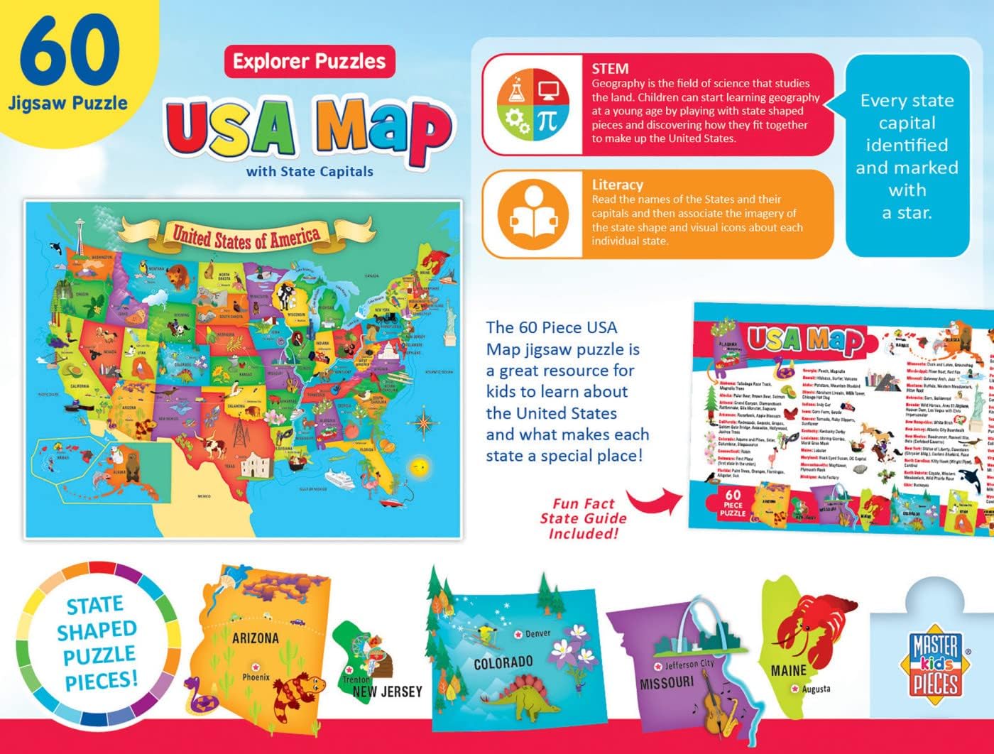 MasterPieces 60 Piece Educational Jigsaw Puzzle for Kids - USA Map State Shaped - 16.5"x12.75"