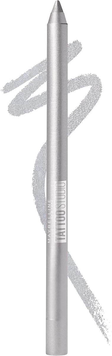 Maybelline TattooStudio Lápiz delineador de ojos afilable de larga duración, pigmentos de gel suaves que se deslizan con 36 horas de uso, resistente al agua, plata brillante, 1 unidad