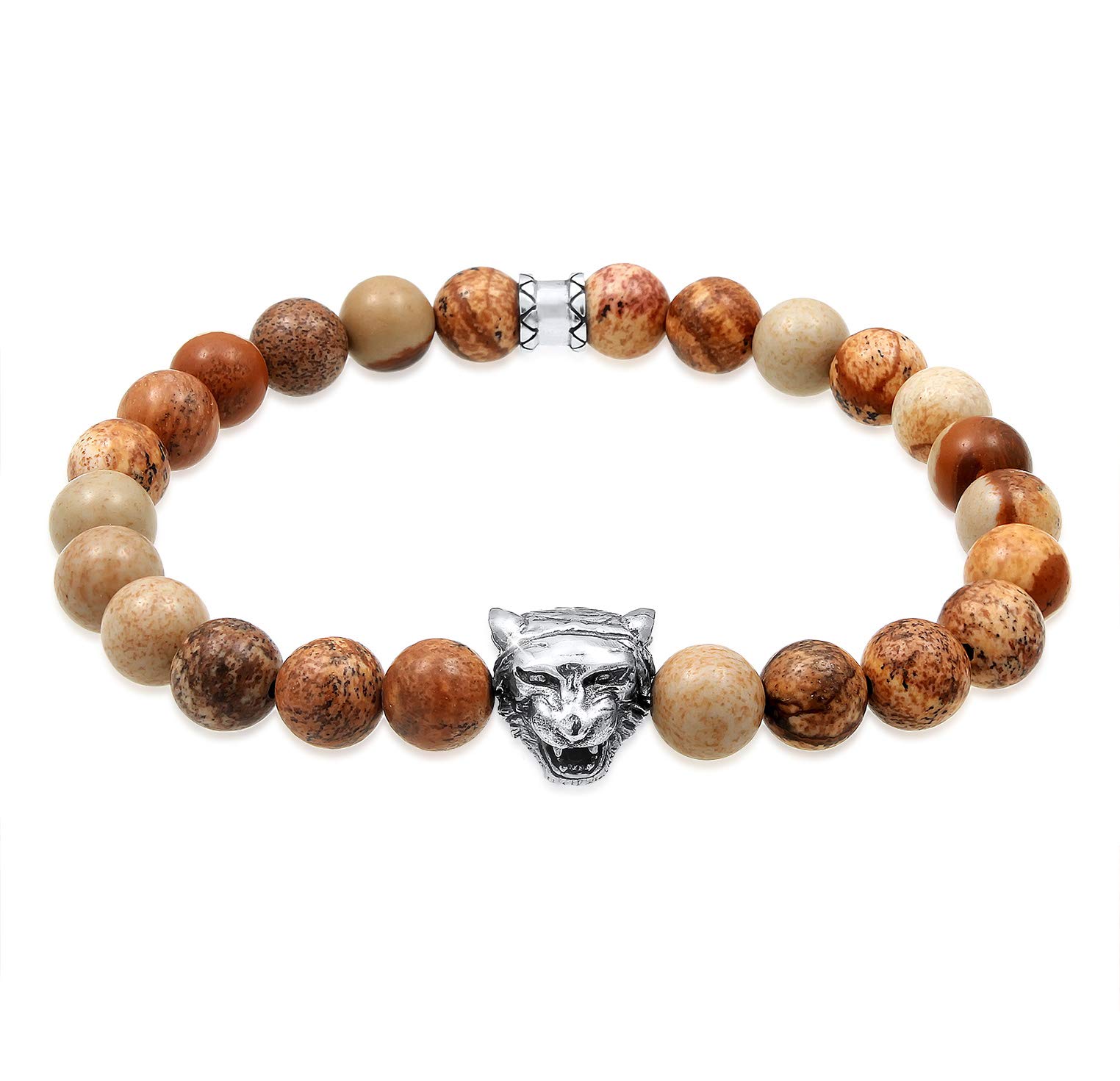 Kuzzoi Buddha Herren Armband mit braunen Achat Edelstein Perlen | Tigerkopf Anhänger elastisch Yogaarmband Energiearmband 0201490719