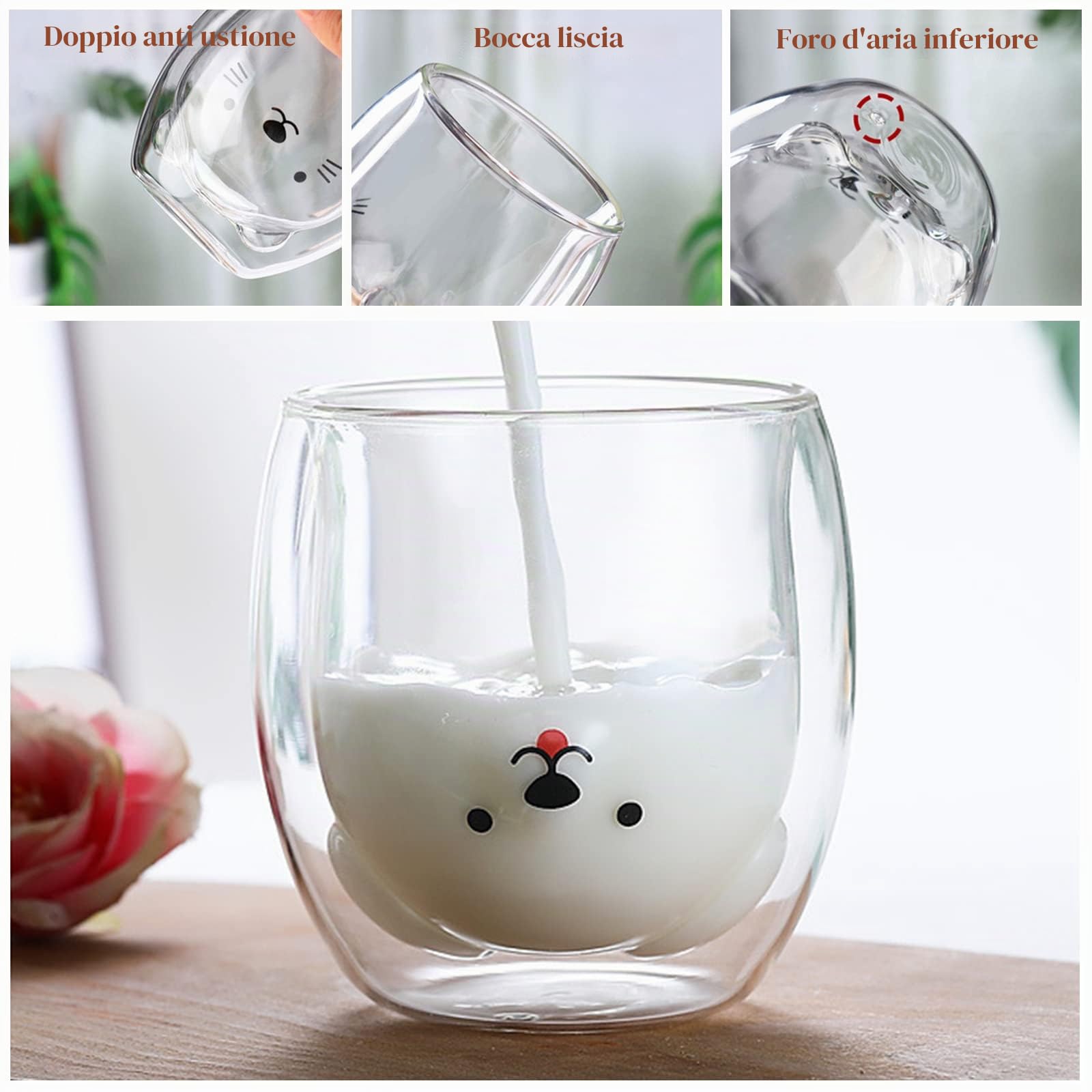 Set da 4 Pezzi Tazze per Gatti Carine in Vetro a Doppia Parete, Simpatica Tazza per Animali Con 4 Cucchiai e 4 Sottobicchieri, Tazza di Caffè Resistente al Calore