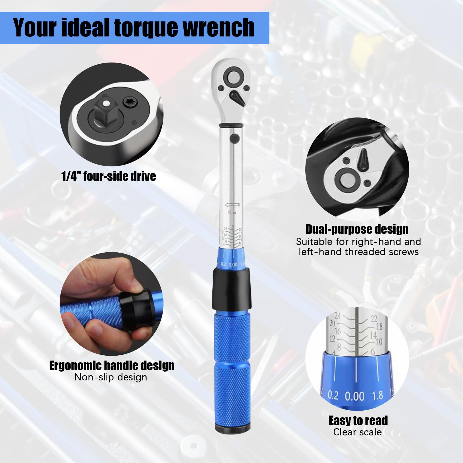 15 Pcs Llave Dinamometrica, 1/4'' Torque Wrench, Llave Torque, Chave Dinamométrica con Extensión, Adaptador Bits con Almacenamiento para Reparación Mantenimiento Bicicleta, Moto, Coche