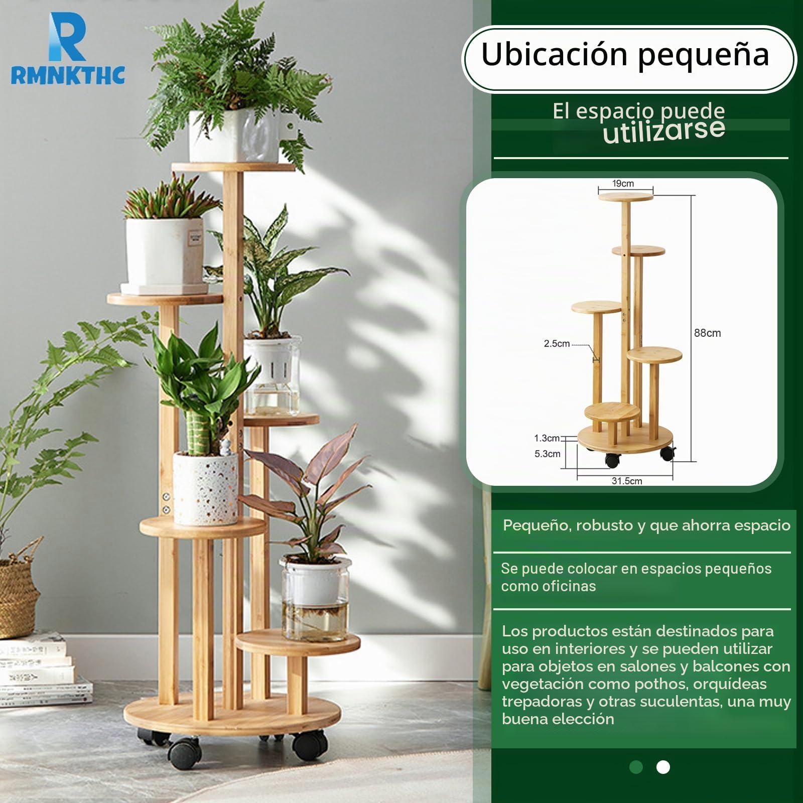 Estantería de bambú para flores con ruedas, 5 niveles, capacidad de carga de 20 kg, material natural resistente al agua, fácil montaje para salón, balcón, dormitorio (color madera)