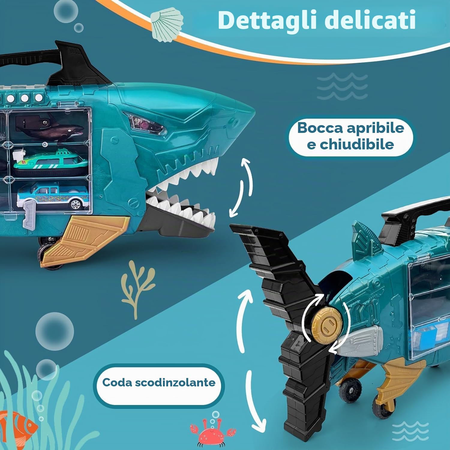 Shark Truck With LED and Music, Camion With 2 Squalo Auto, 18 Marine Animals and Toy Cars Inside
