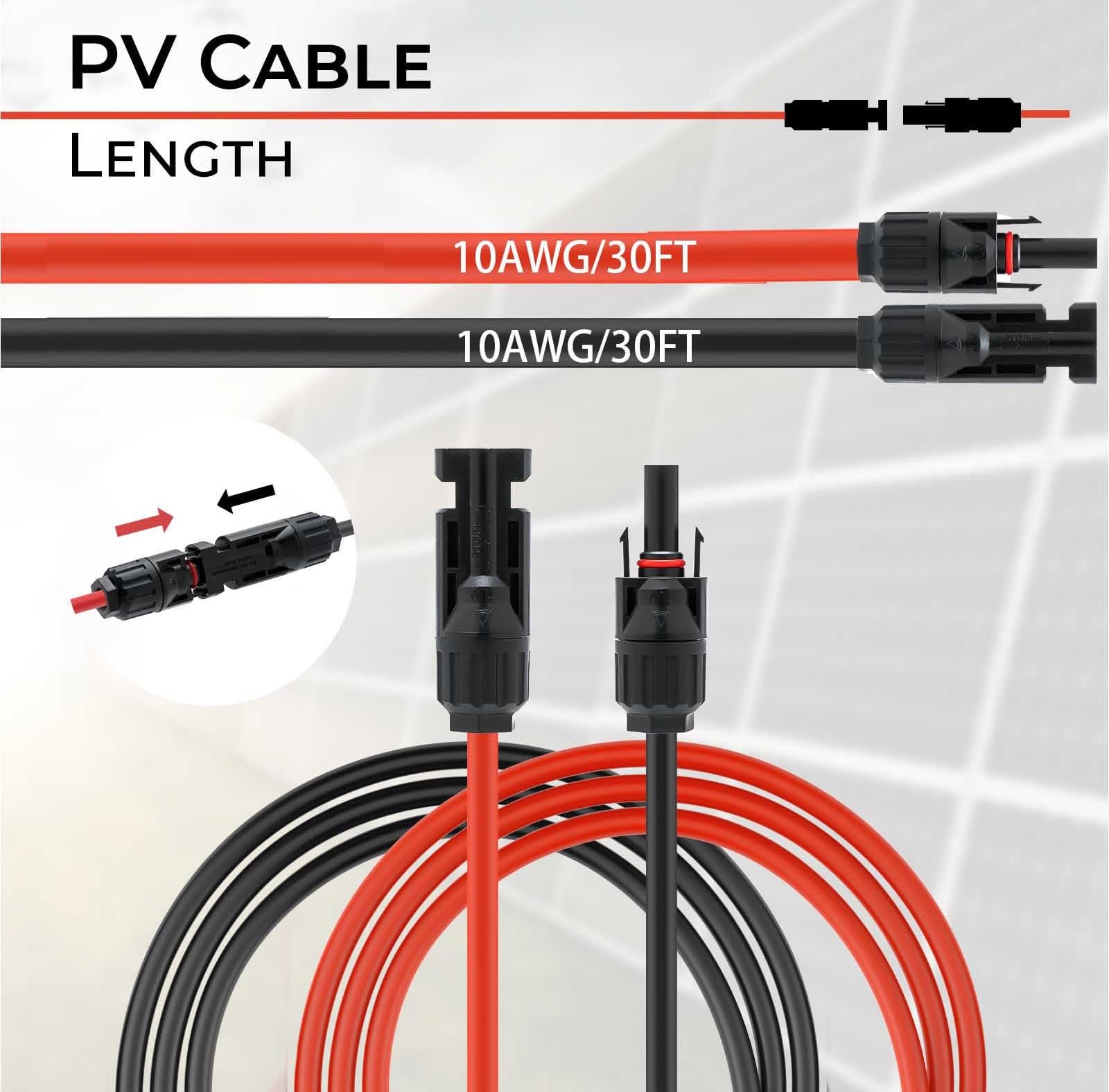 MC4 Cavo di prolunga solare, 10 AWG, 9,1 m, con connettori maschio e femmina, kit adattatore per cavi da 10 gauge (6 mm²) per pannelli solari