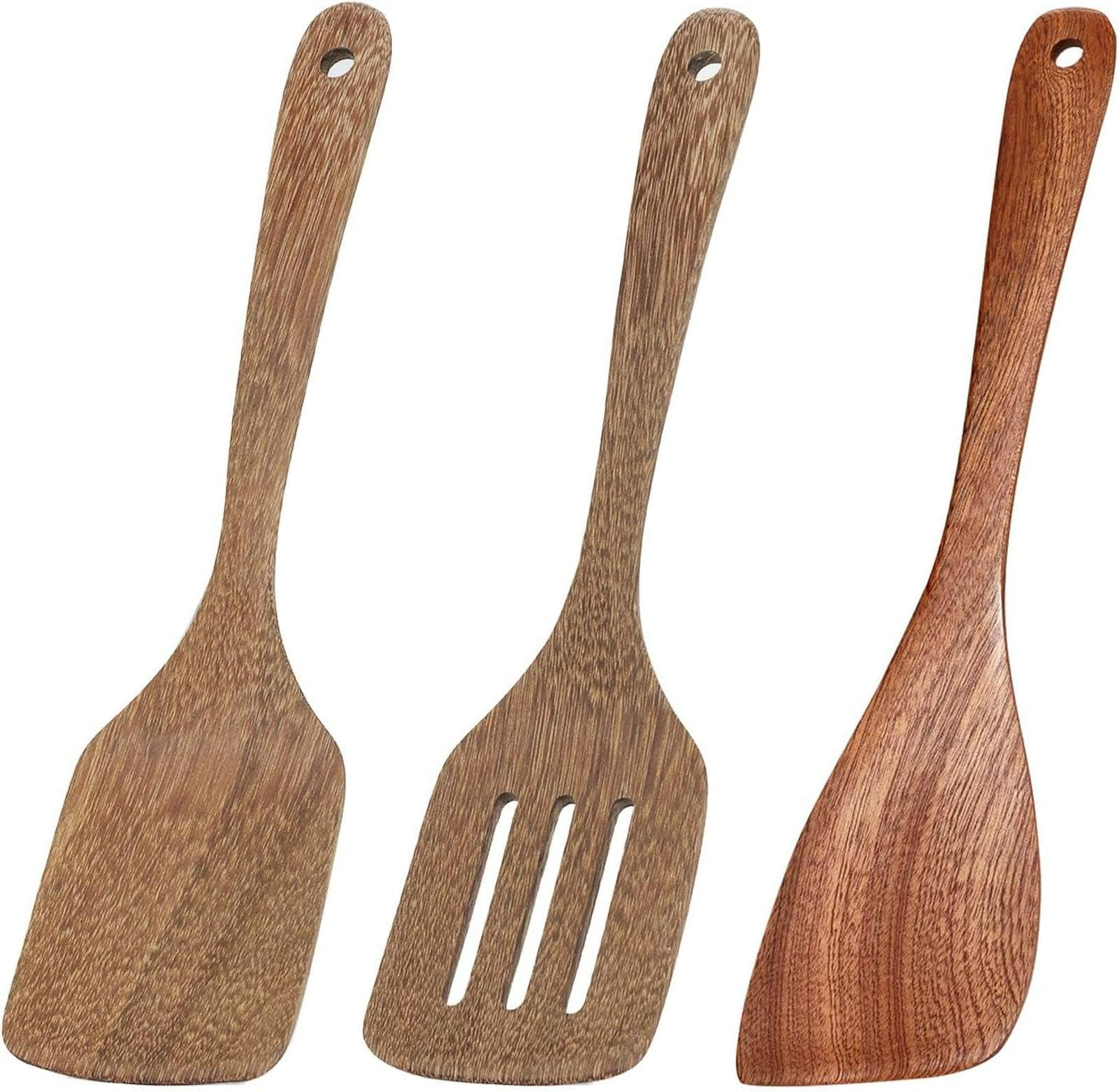 3Pcs Wooden Spatula Set,12 Inches Solid & Slotted Spatulas Kitchen Utensils
